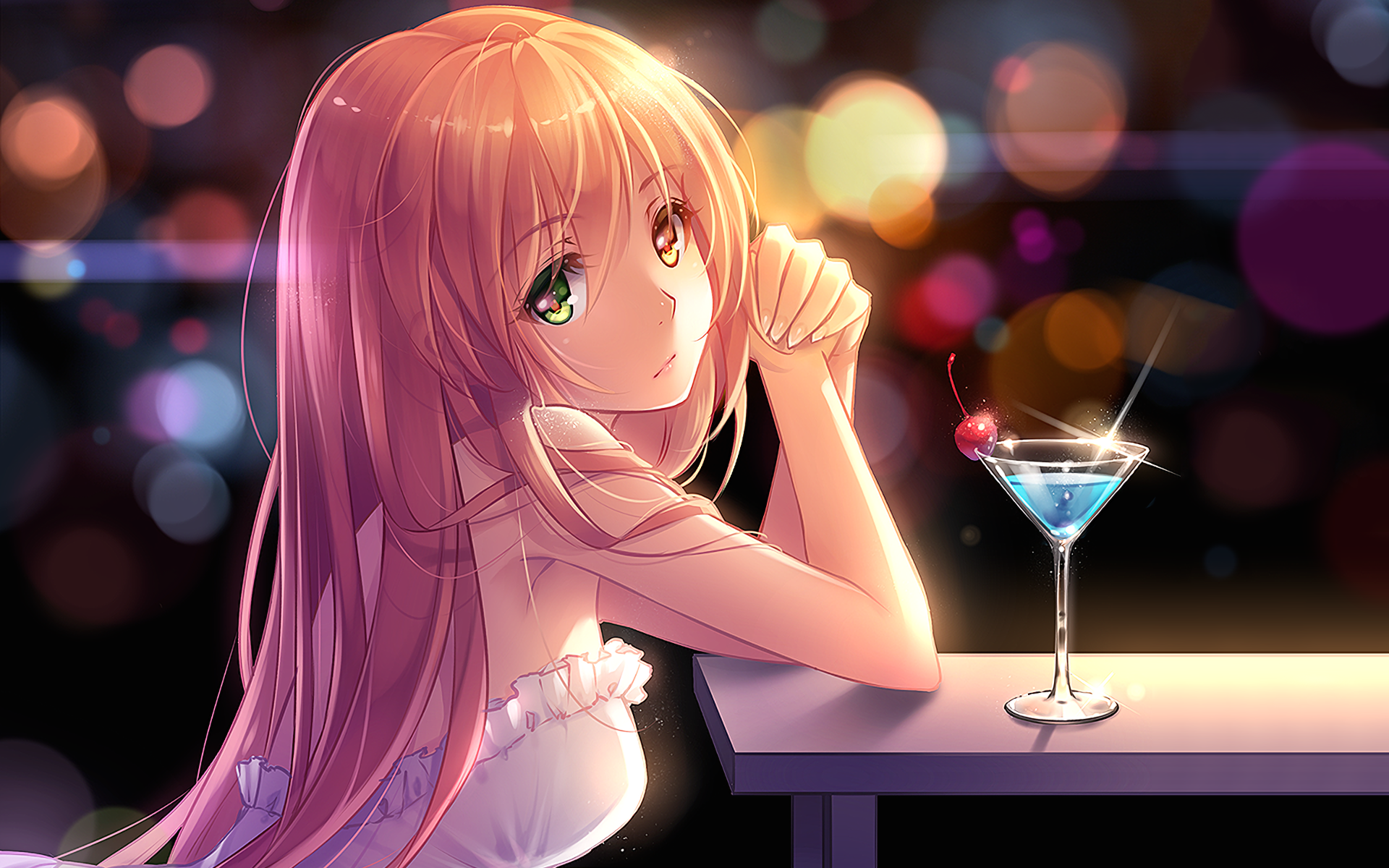 Anime 1920x1200 anime anime girls long hair drinking glass Niya looking at viewer heterochromia cocktails food drink cherries cropped Tidsean