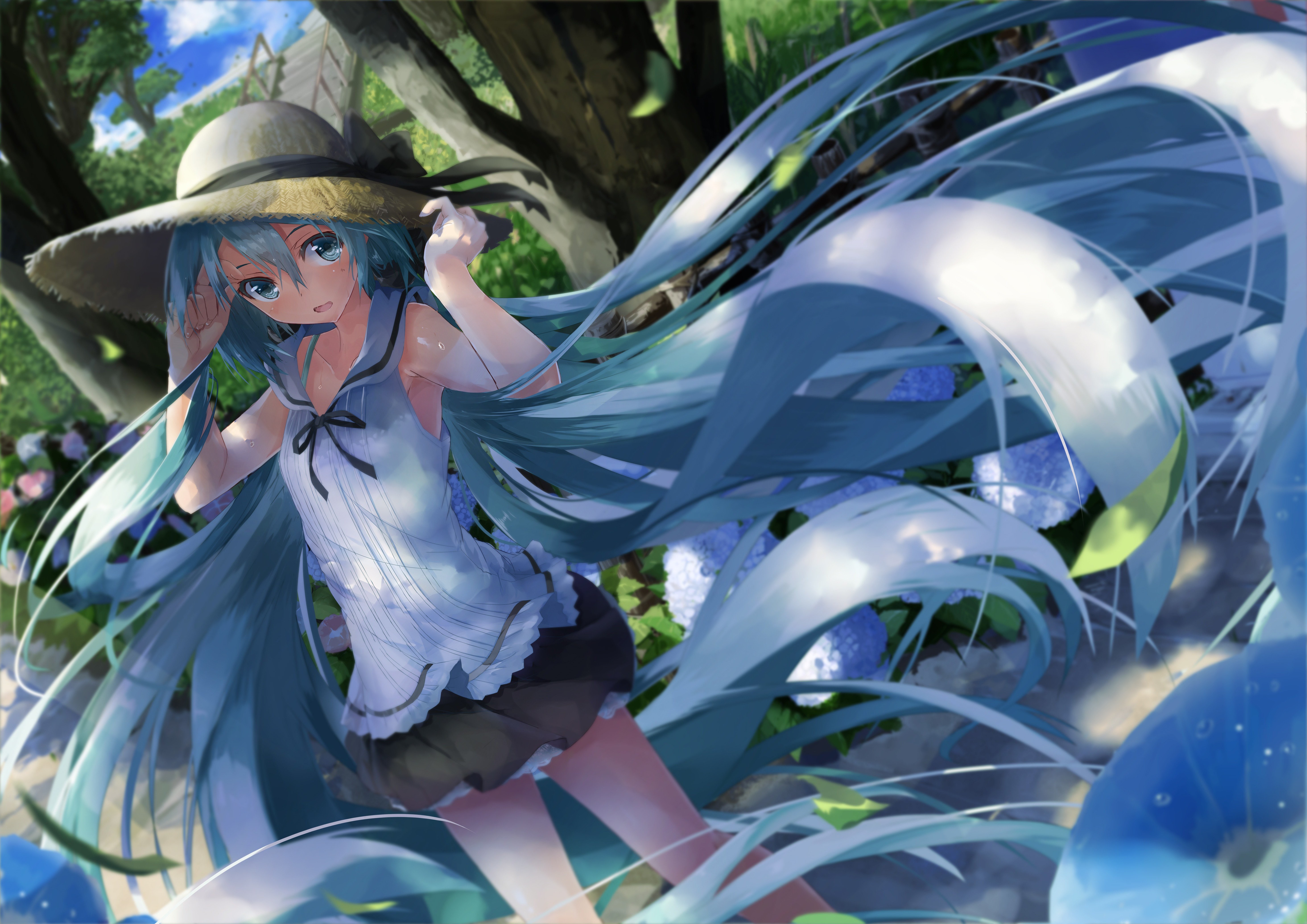 Anime 5861x4145 anime anime girls Vocaloid Hatsune Miku long hair hat women with hats blue hair blue eyes open mouth looking at viewer women outdoors