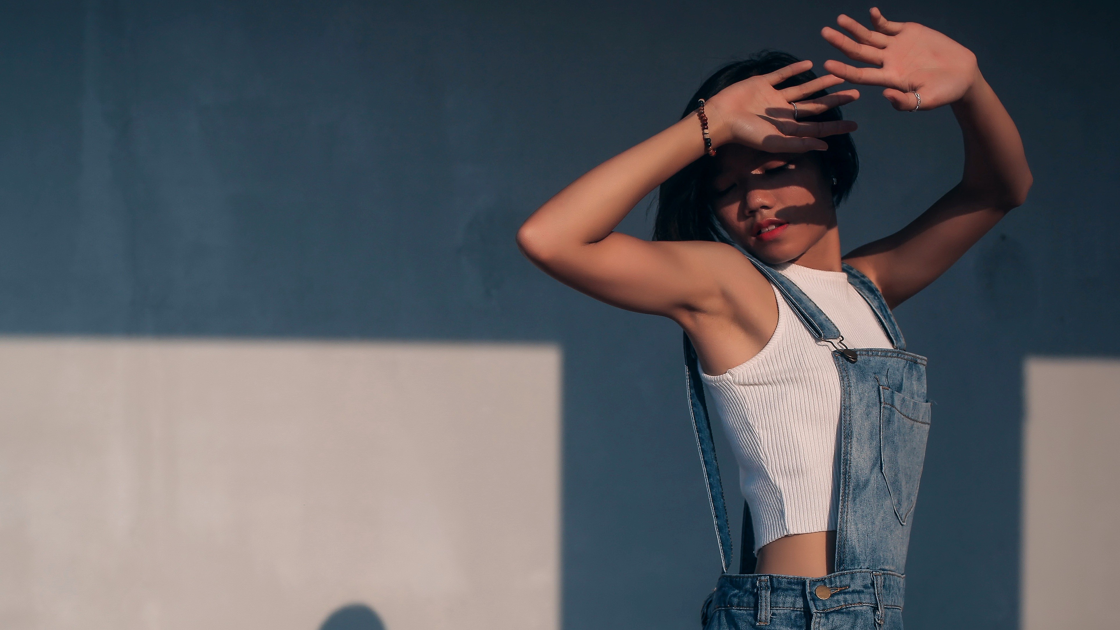 People 3859x2170 women Asian overalls black hair closed eyes white tops armpits arms up red lipstick model