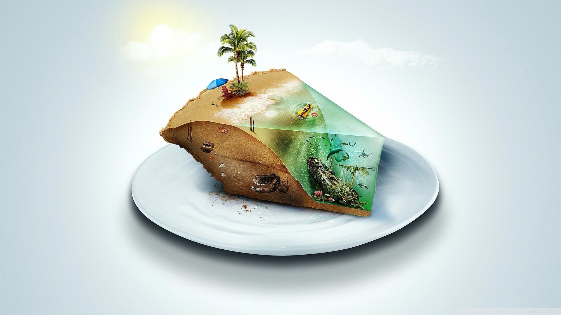 General 1920x1080 digital art cake beach shipwreck palm trees dinosaurs fish tropic island tropical water