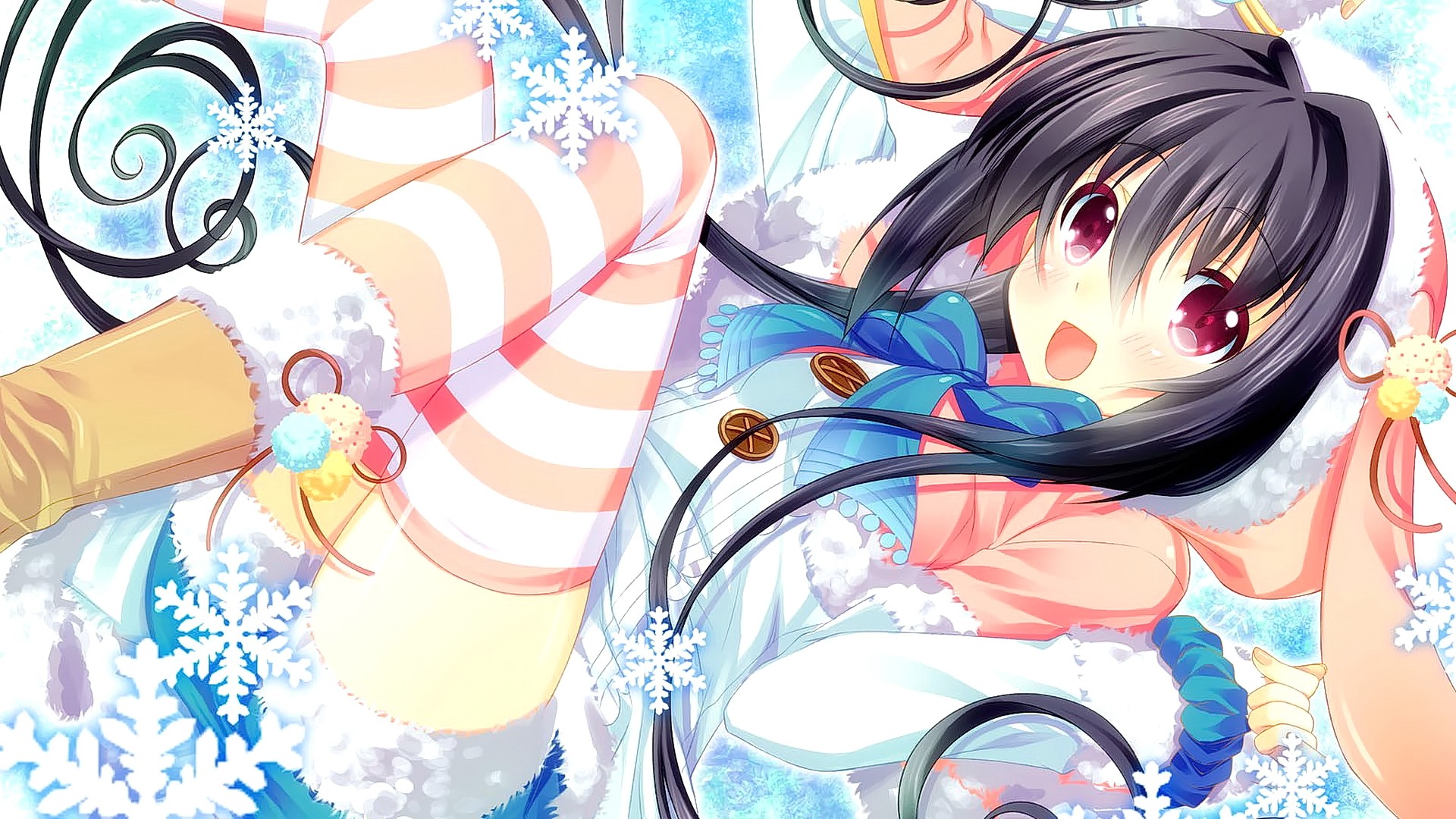 Anime 1920x1080 anime anime girls brunette long hair red eyes open mouth smiling looking at viewer thighs legs stockings striped stockings dark hair