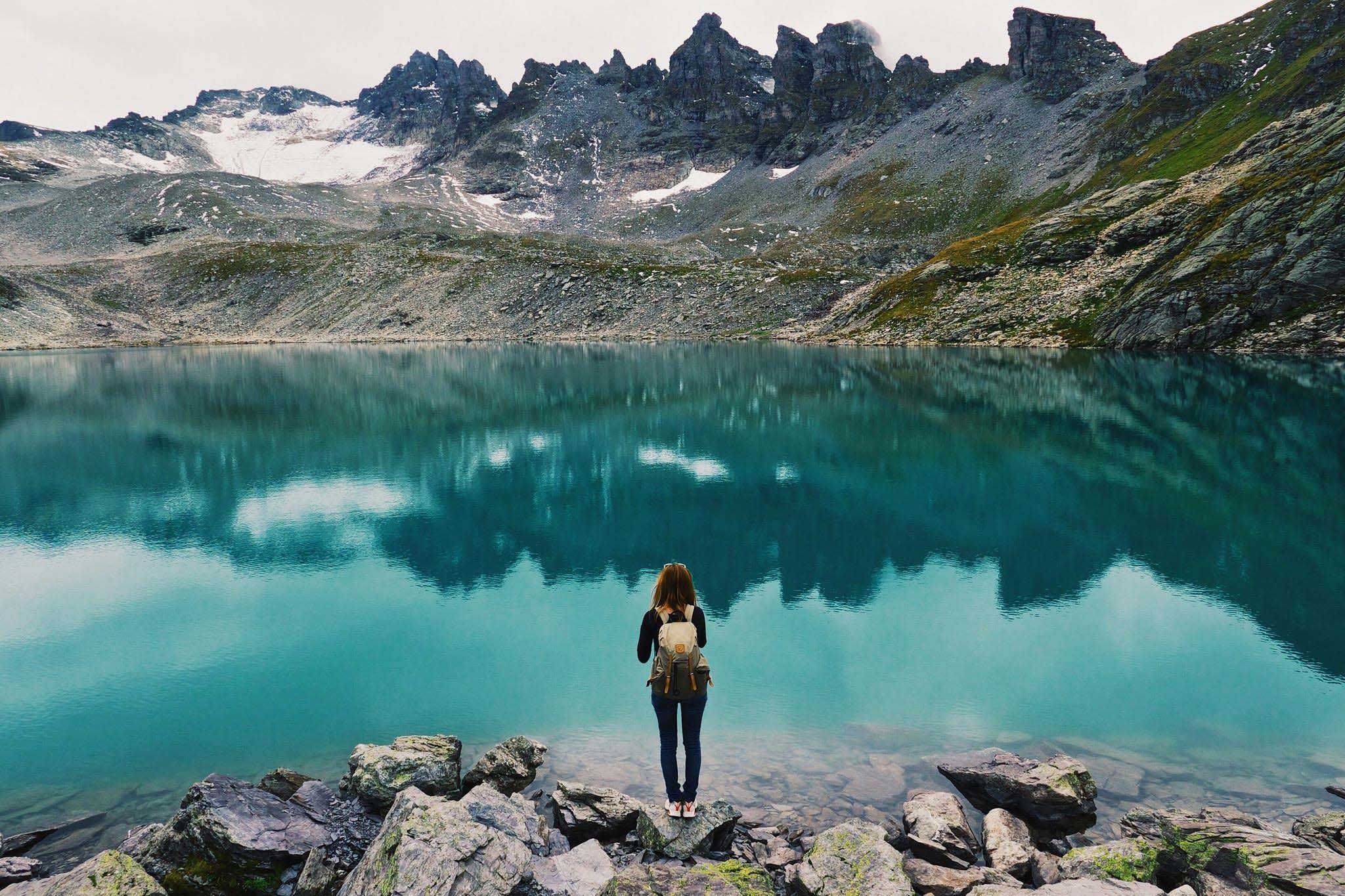 General 2048x1365 photography nature landscape lake hiking turquoise water mountains women overcast daylight women outdoors