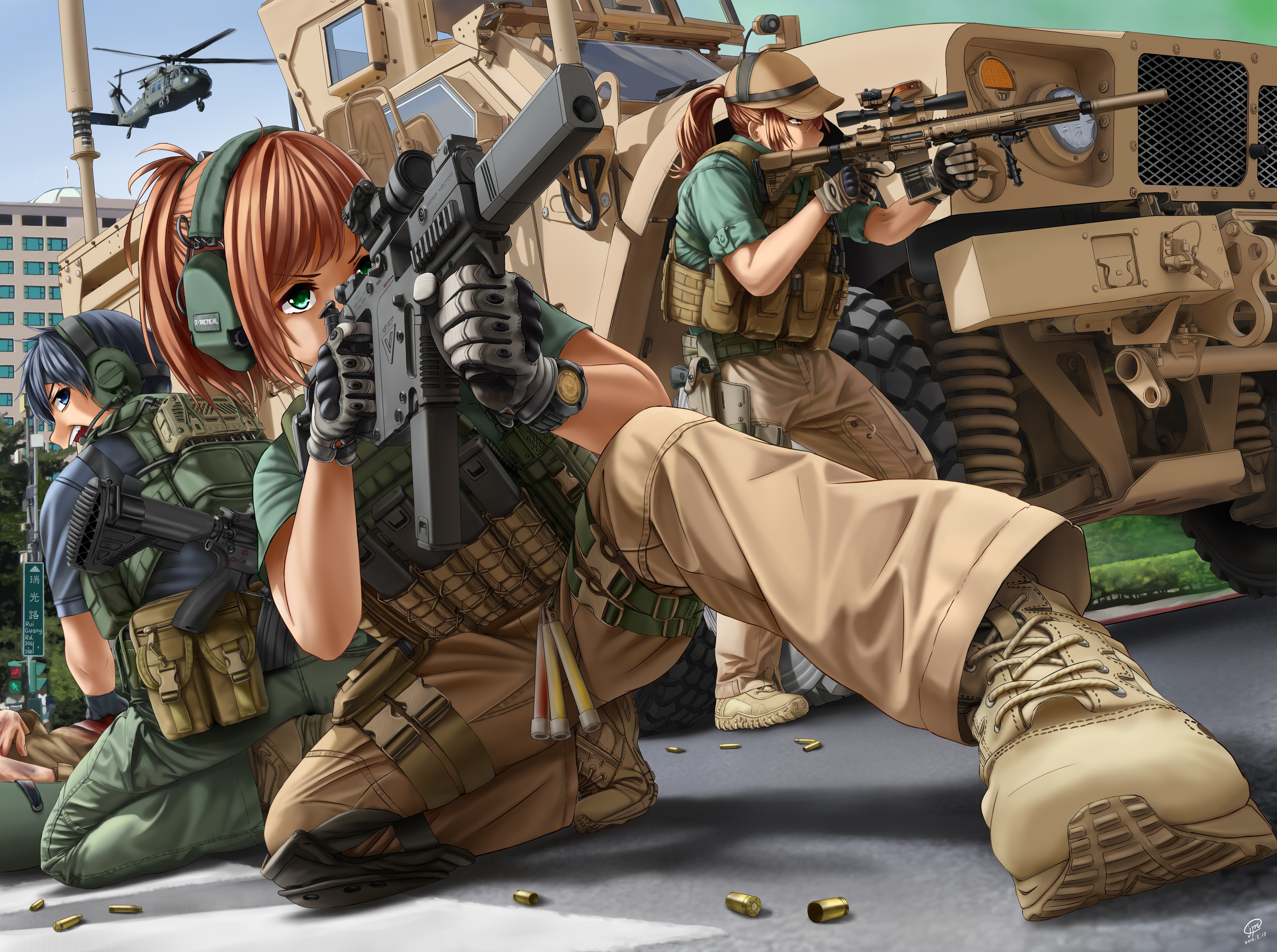 Anime 5100x3800 anime anime girls boots building city gloves grass gun hat headphones weapon machine gun girls with guns aiming military Vector .45 ACP suppressors Humvee
