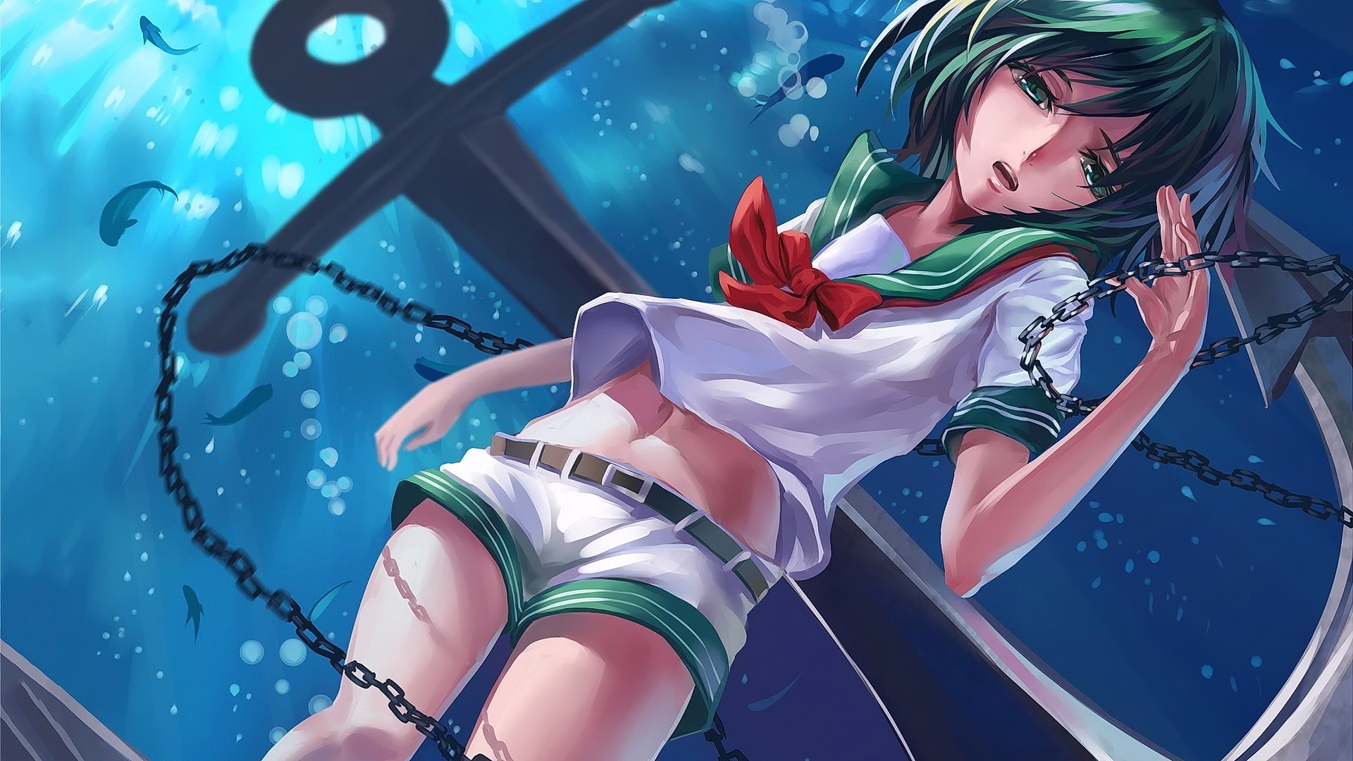 Anime 1920x1080 anime anime girls open mouth looking at viewer green hair belly pants green eyes chains