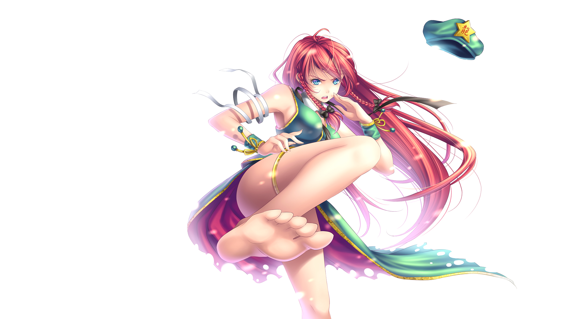 Anime 1920x1080 Touhou anime girls Hong Meiling anime toes feet long hair women white background simple background
