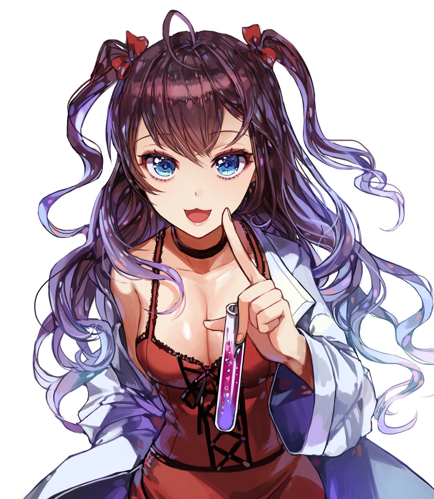 Anime 1500x1725 anime anime girls THE iDOLM@STER THE iDOLM@STER: Cinderella Girls Ichinose Shiki cleavage dress lab coats brunette blue eyes EB+ Pixiv open mouth