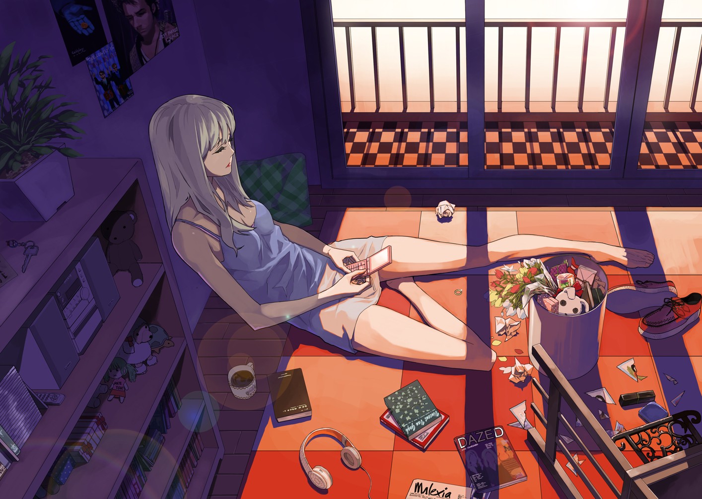 Anime 1414x1005 anime girls headphones legs barefoot indoors women indoors anime books cellphone long hair on the floor cup