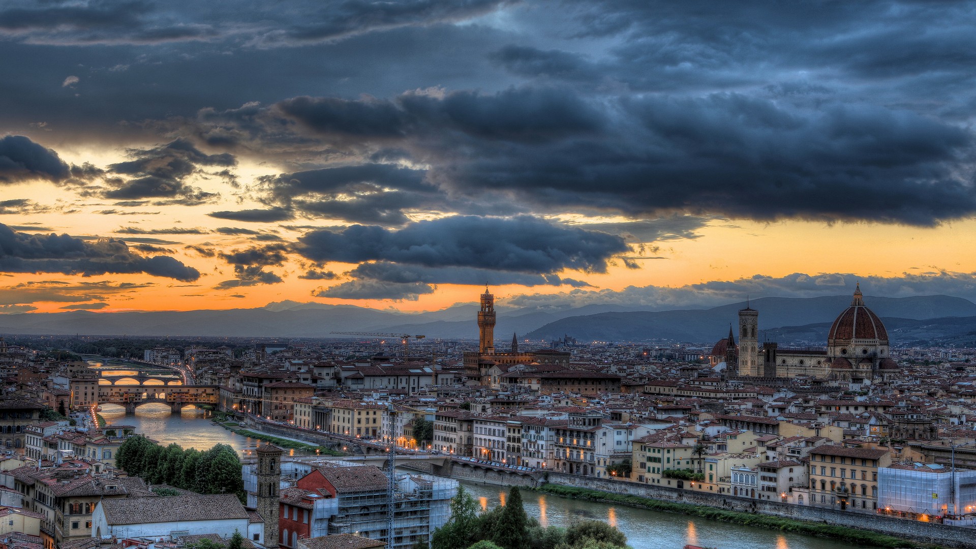 General 1920x1080 Florence Italy city cityscape architecture gothic architecture river sunset clouds