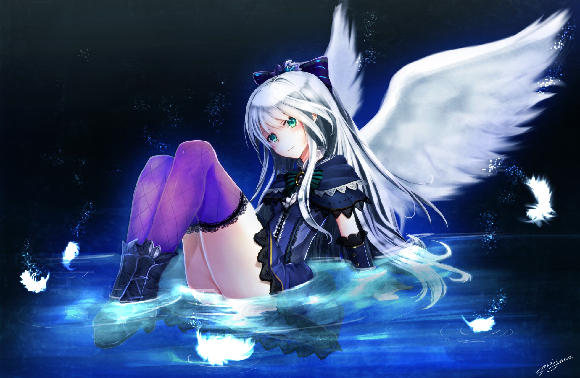 Anime 1960x1280 anime anime girls dress heels wet wings original characters silver hair fantasy art Pixiv fantasy girl aqua eyes thighs together stockings purple stockings boots long hair in water water white hair