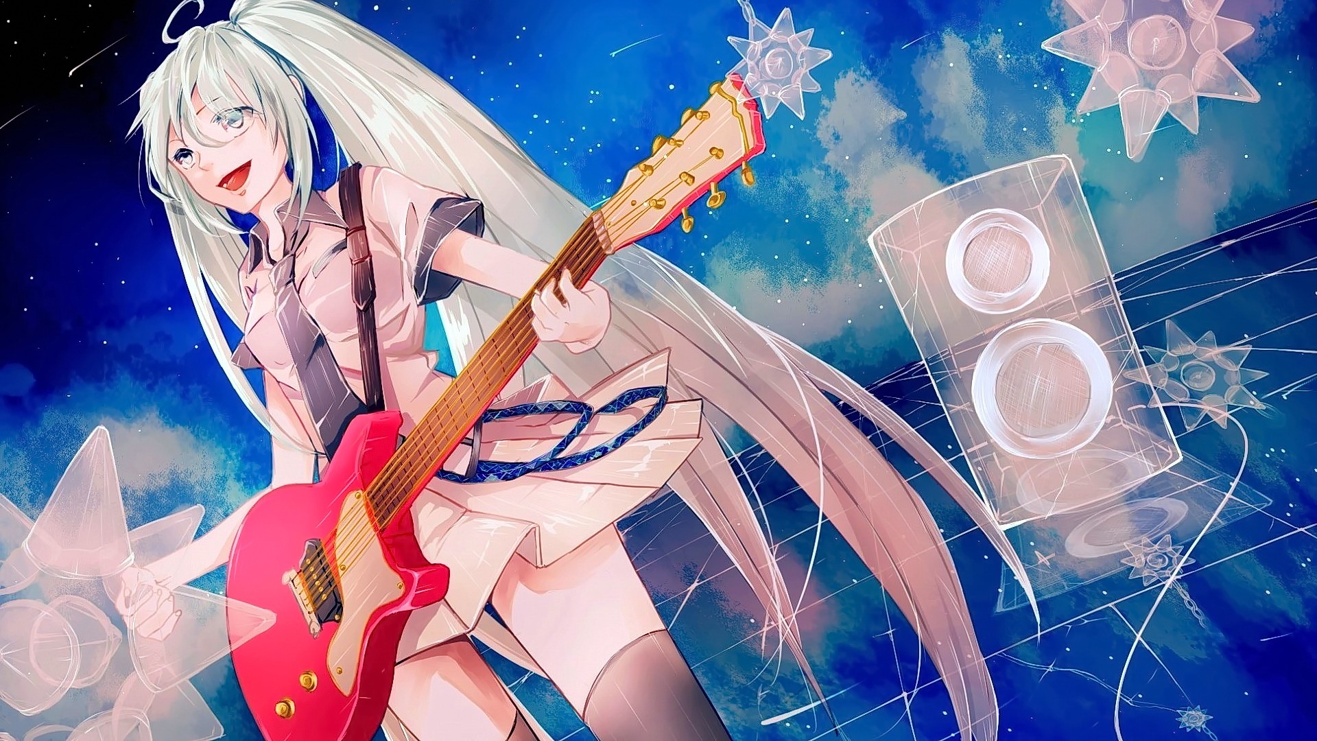 Anime 1920x1080 anime anime girls white hair long hair open mouth looking away looking at viewer musical instrument guitar Vocaloid Hatsune Miku women music