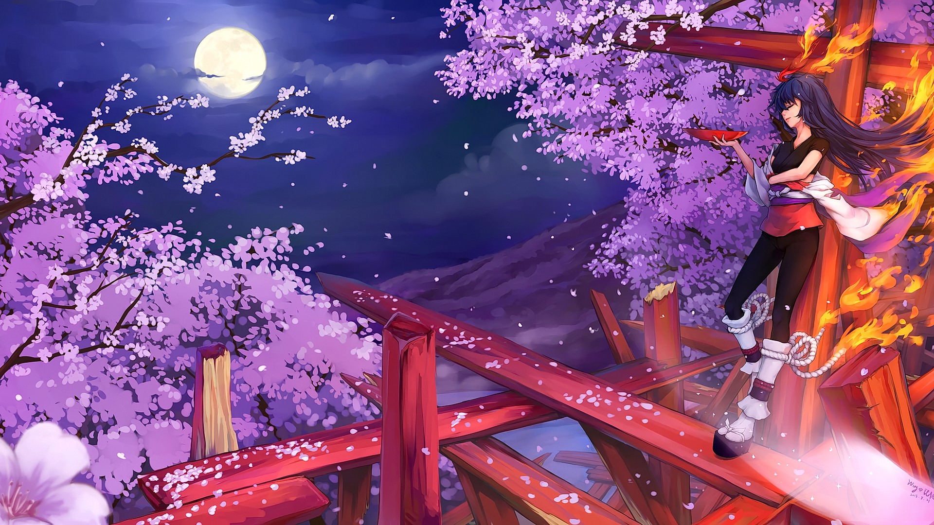 Anime 1920x1080 anime anime girls brunette long hair cherry blossom night Moon looking away smiling fantasy art fantasy girl trees