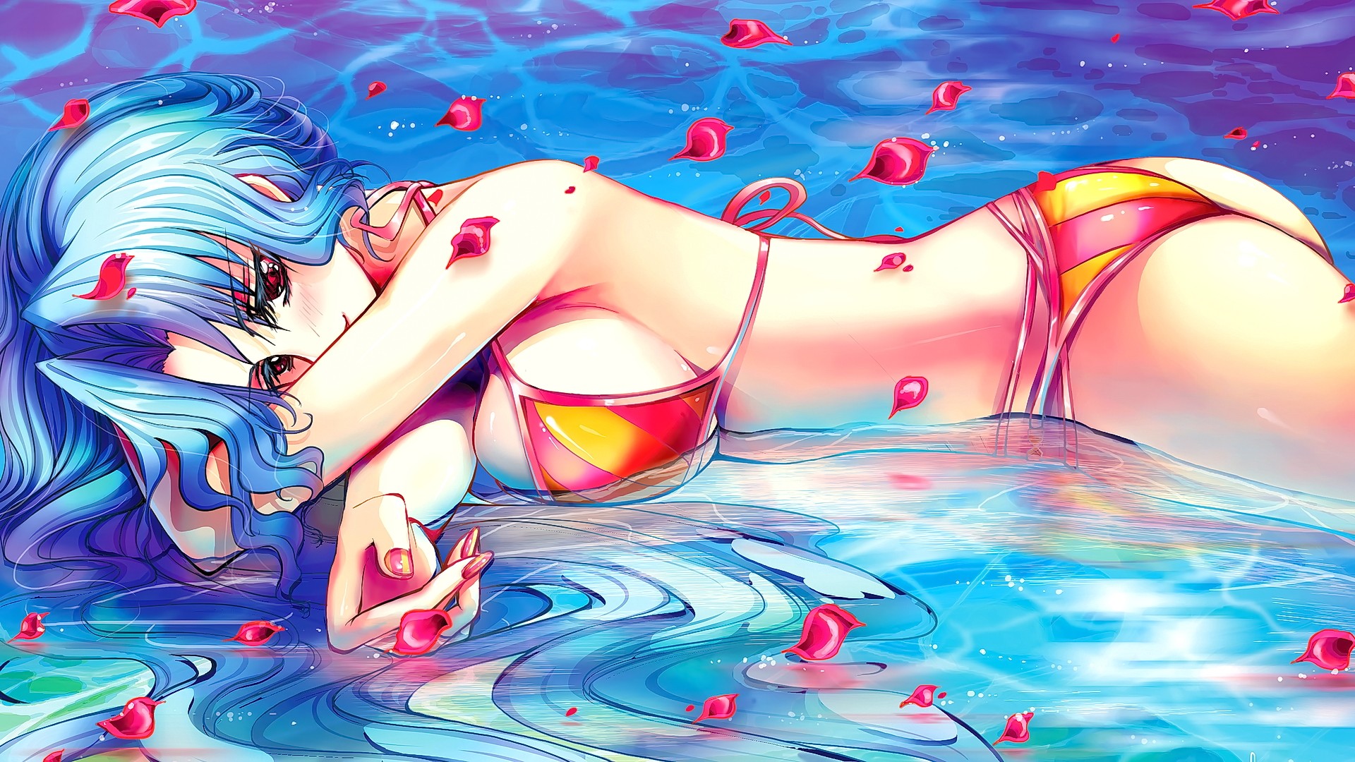 Anime 1920x1080 anime anime girls cyan hair long hair bikini smiling water looking at viewer original characters lying on front boobs big boobs curvy in water painted nails ass