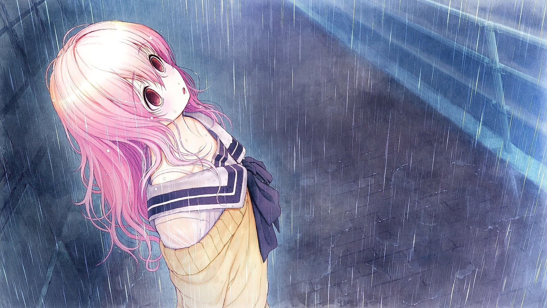 Anime 1920x1080 anime anime girls pink hair school uniform Totono long hair pink eyes rain women outdoors urban