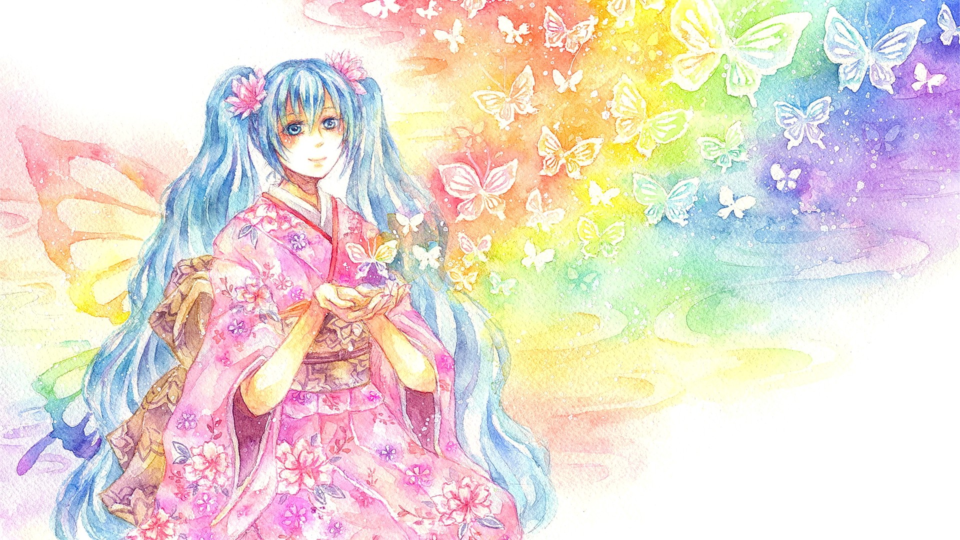 Anime 1920x1080 anime anime girls blue hair long hair looking away Hatsune Miku kimono Vocaloid fantasy art fantasy girl flower in hair butterfly animals insect smiling