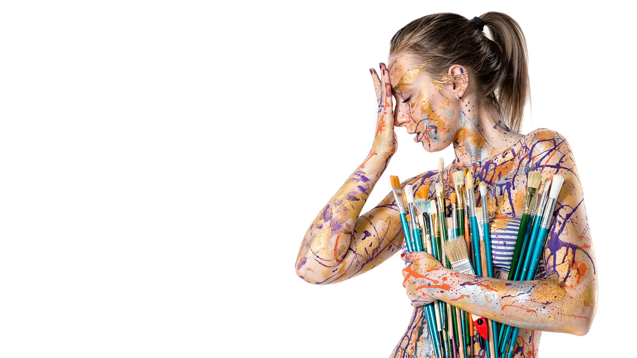 People 2048x1152 500px white brush colorful body paint women model tube top closed eyes ponytail