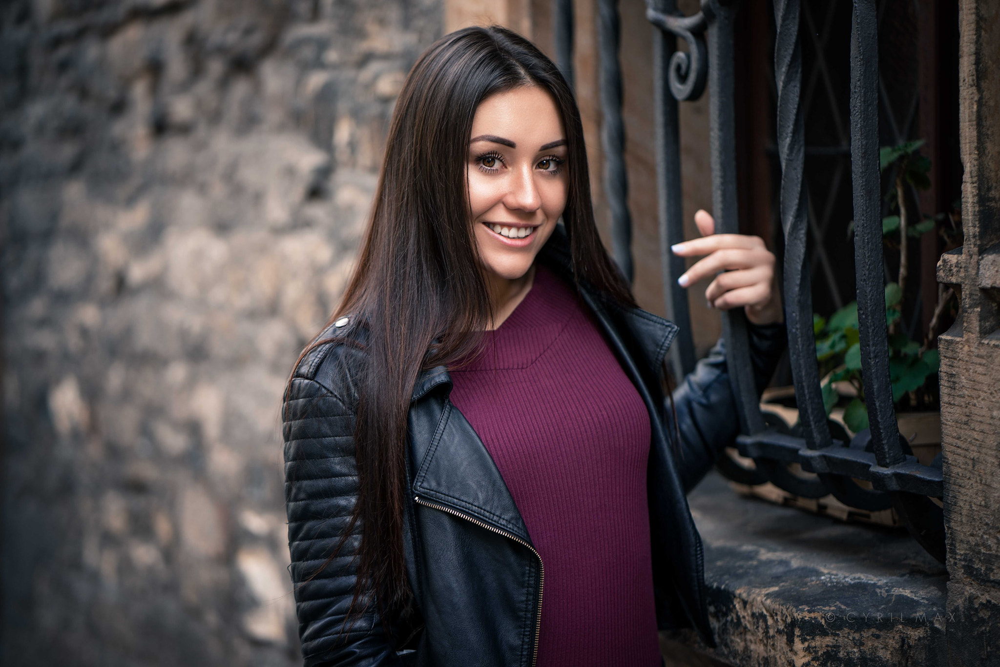 People 2048x1367 women portrait smiling depth of field leather jacket long hair straight hair women outdoors looking at viewer open mouth brunette brown eyes jacket Lenka Kripac Cyril Max violet sweater