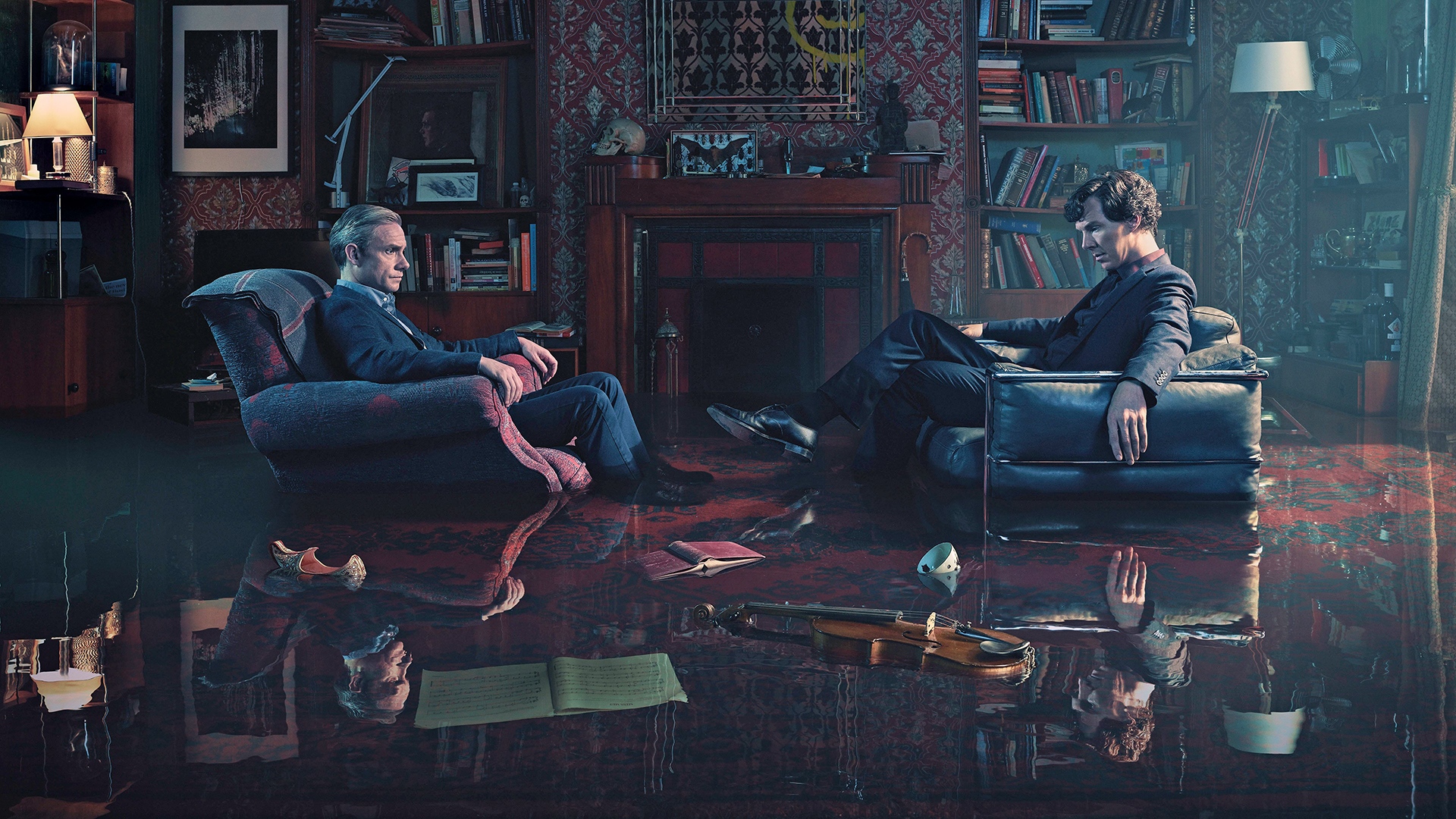 People 1920x1080 Sherlock Benedict Cumberbatch Martin Freeman violin skull detectives Netflix BBC TV series musical instrument