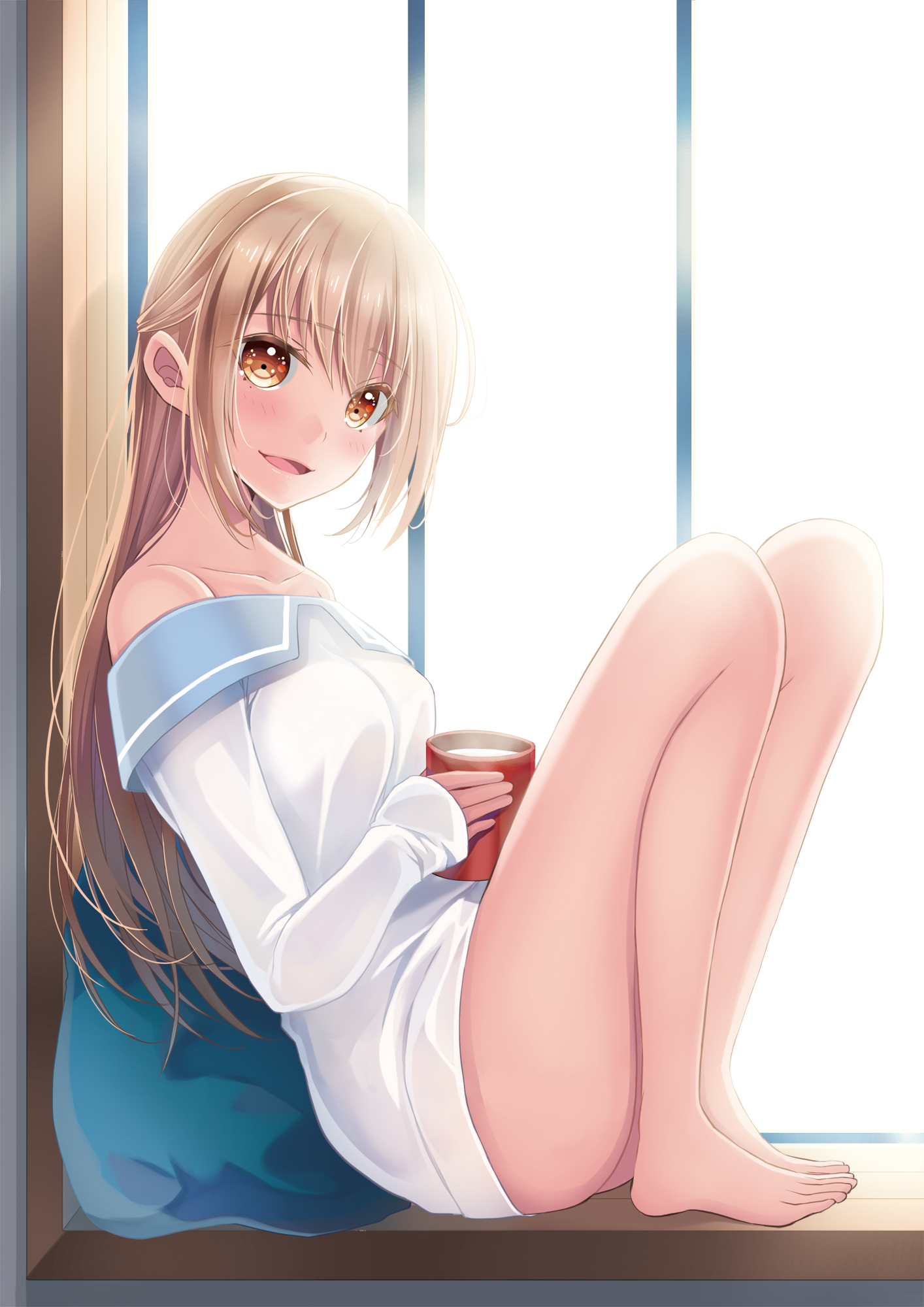Anime 1414x2000 original characters ass anime girls barefoot blonde cup legs long hair looking at viewer artwork Sakurai Unan