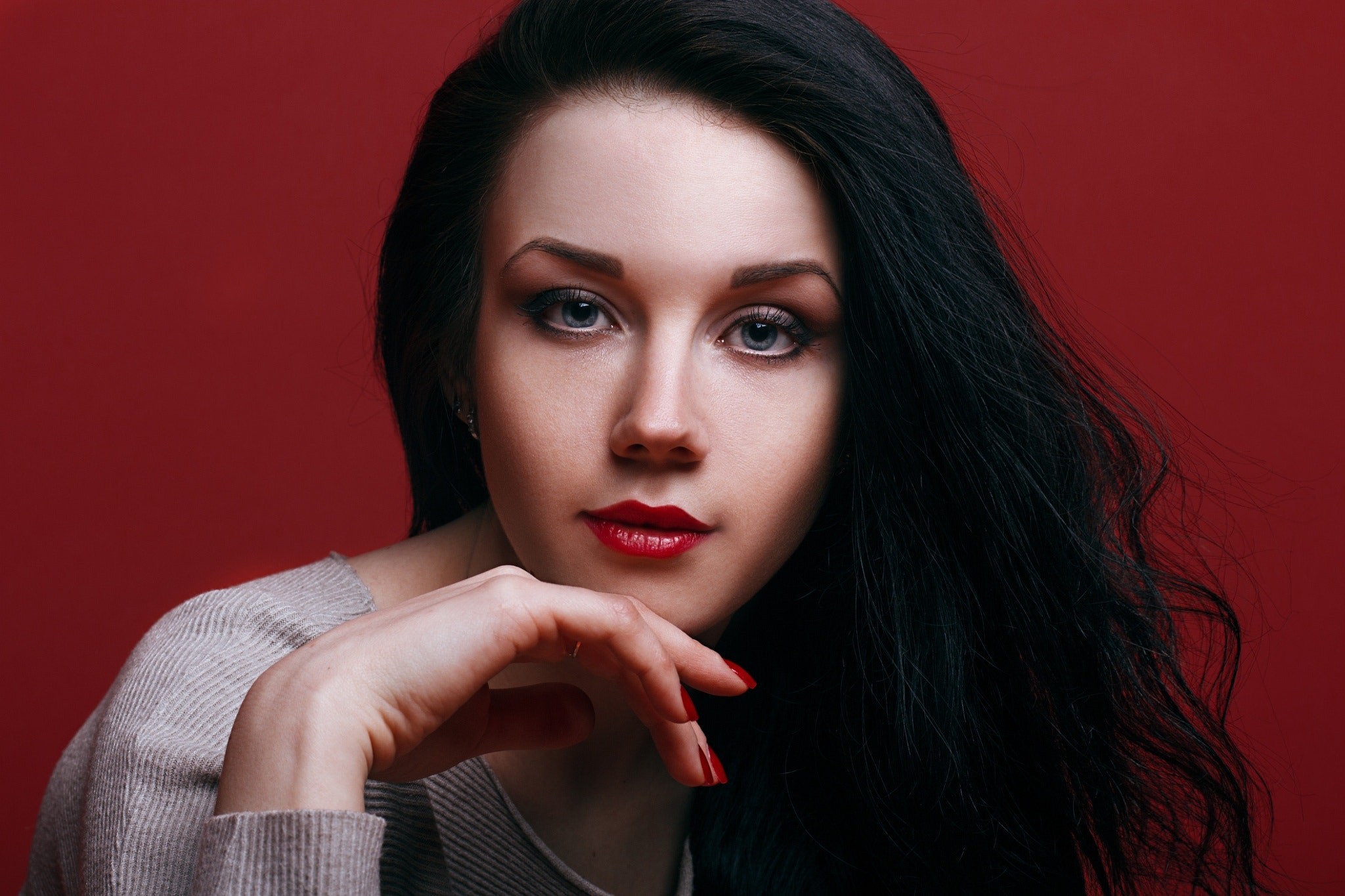 People 2048x1365 women portrait simple background red nails face black hair blue eyes red lipstick