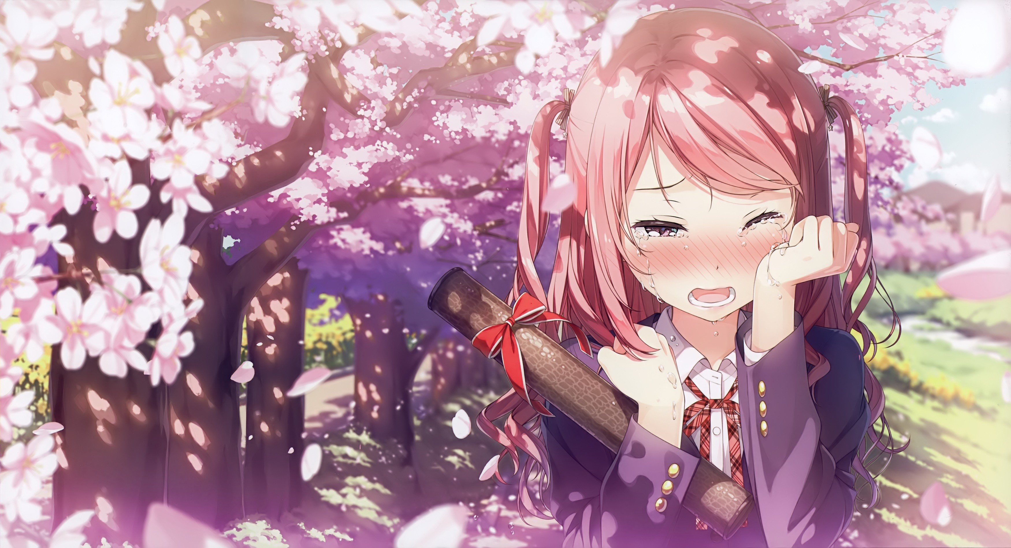 Anime 3500x1898 blushing hair bows cherry blossom Kantoku Kurumi (Kantoku) long hair petals pink hair school uniform trees crying anime girls artwork