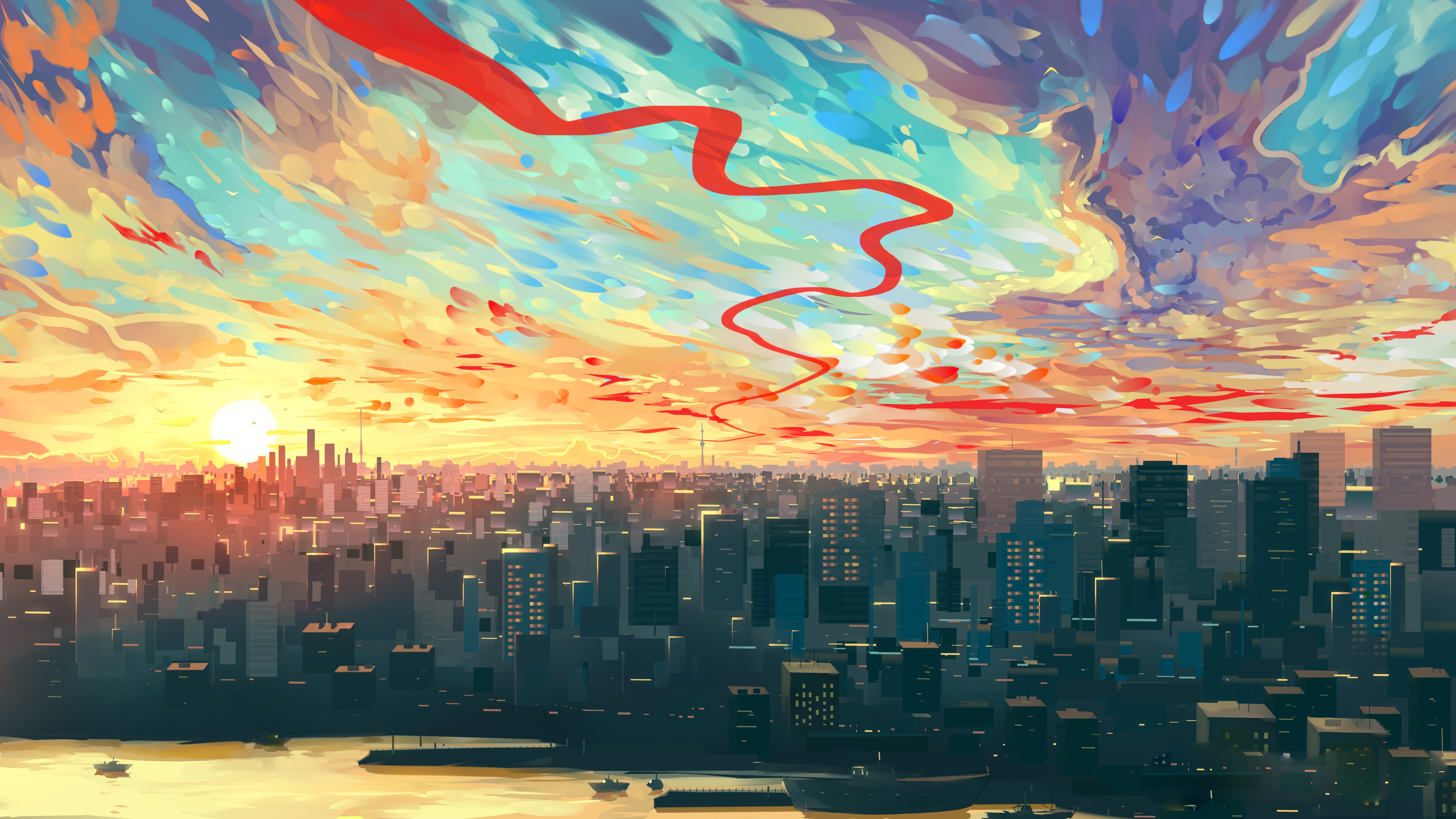 General 5000x2813 artwork illustration sunset cityscape Hangmoon