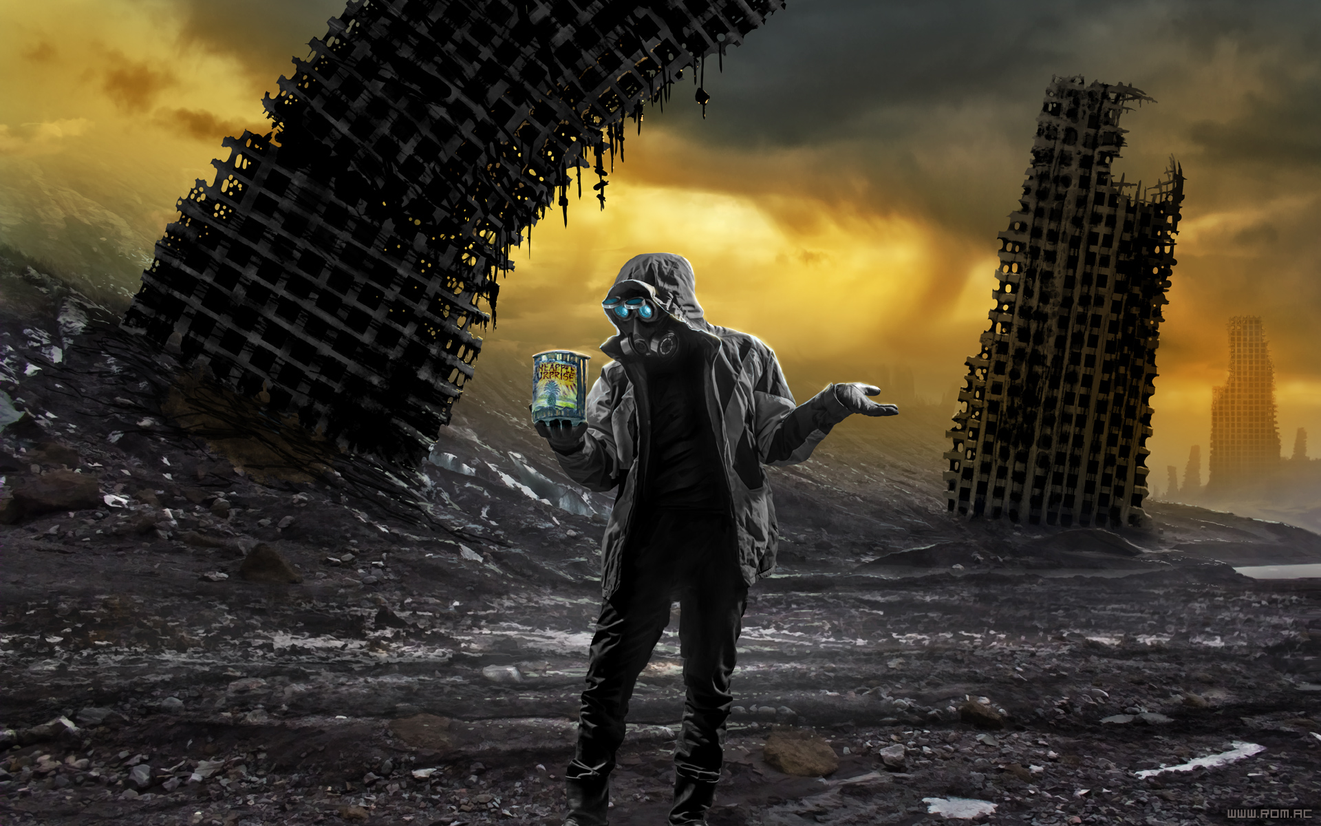 General 1920x1200 Romantically Apocalyptic digital art apocalyptic gas masks can ruins