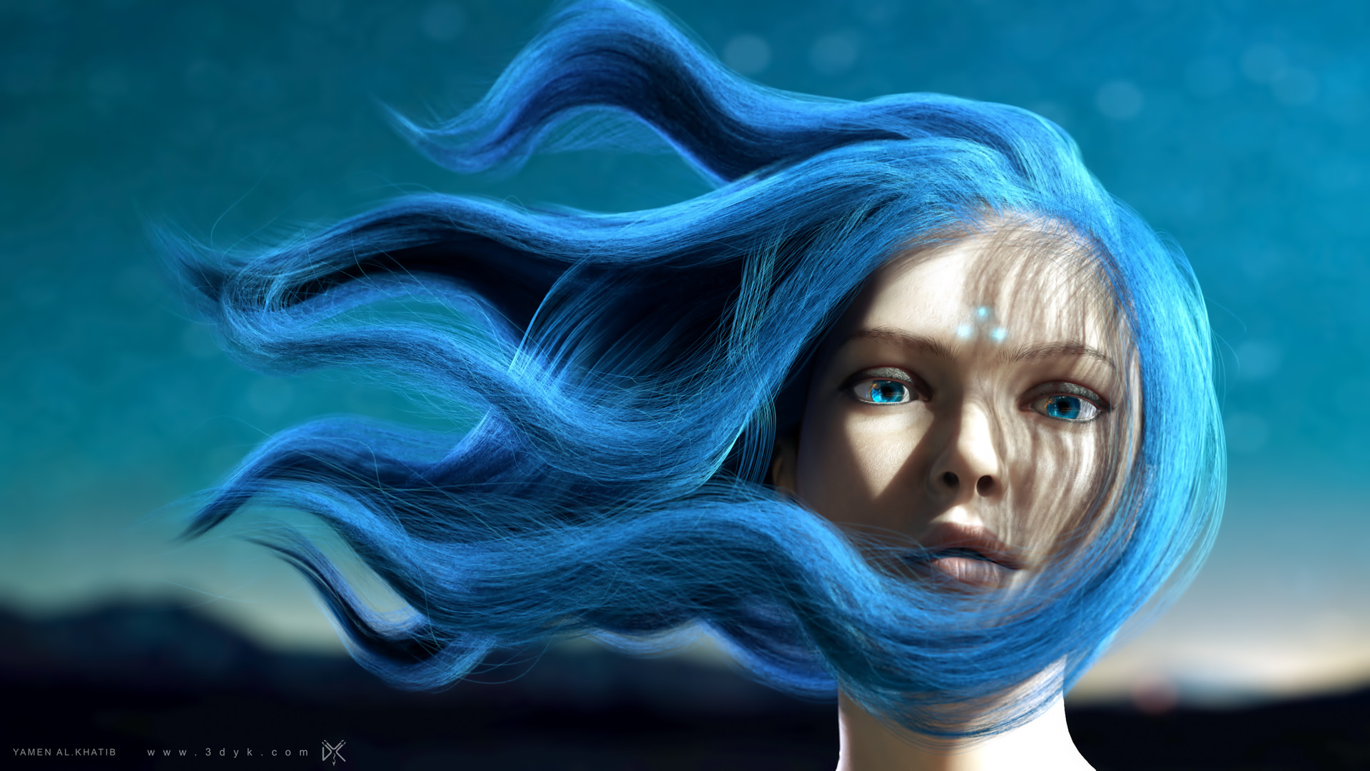 Anime 1920x1080 CGI blue hair long hair face women blue eyes