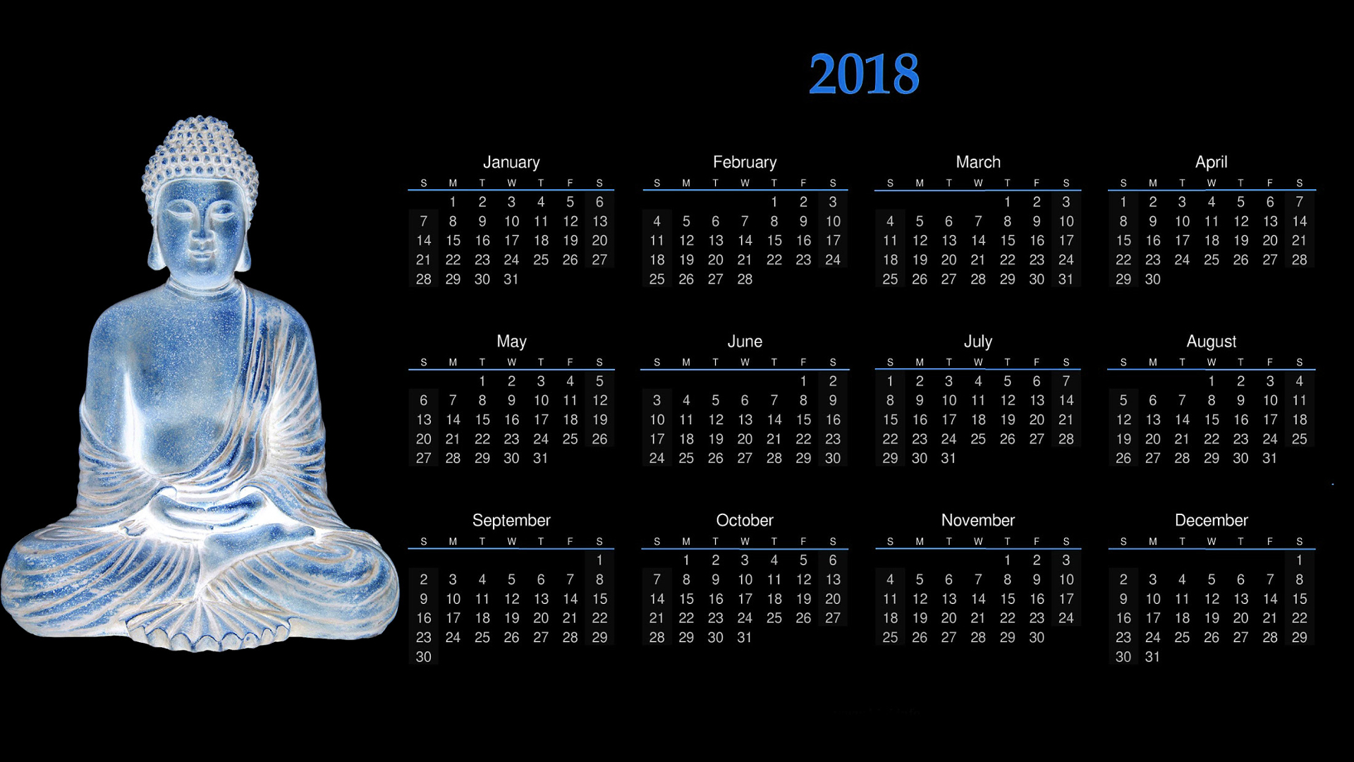 General 1920x1080 calendar 2018 (year) black background month Buddha meditation numbers sculpture