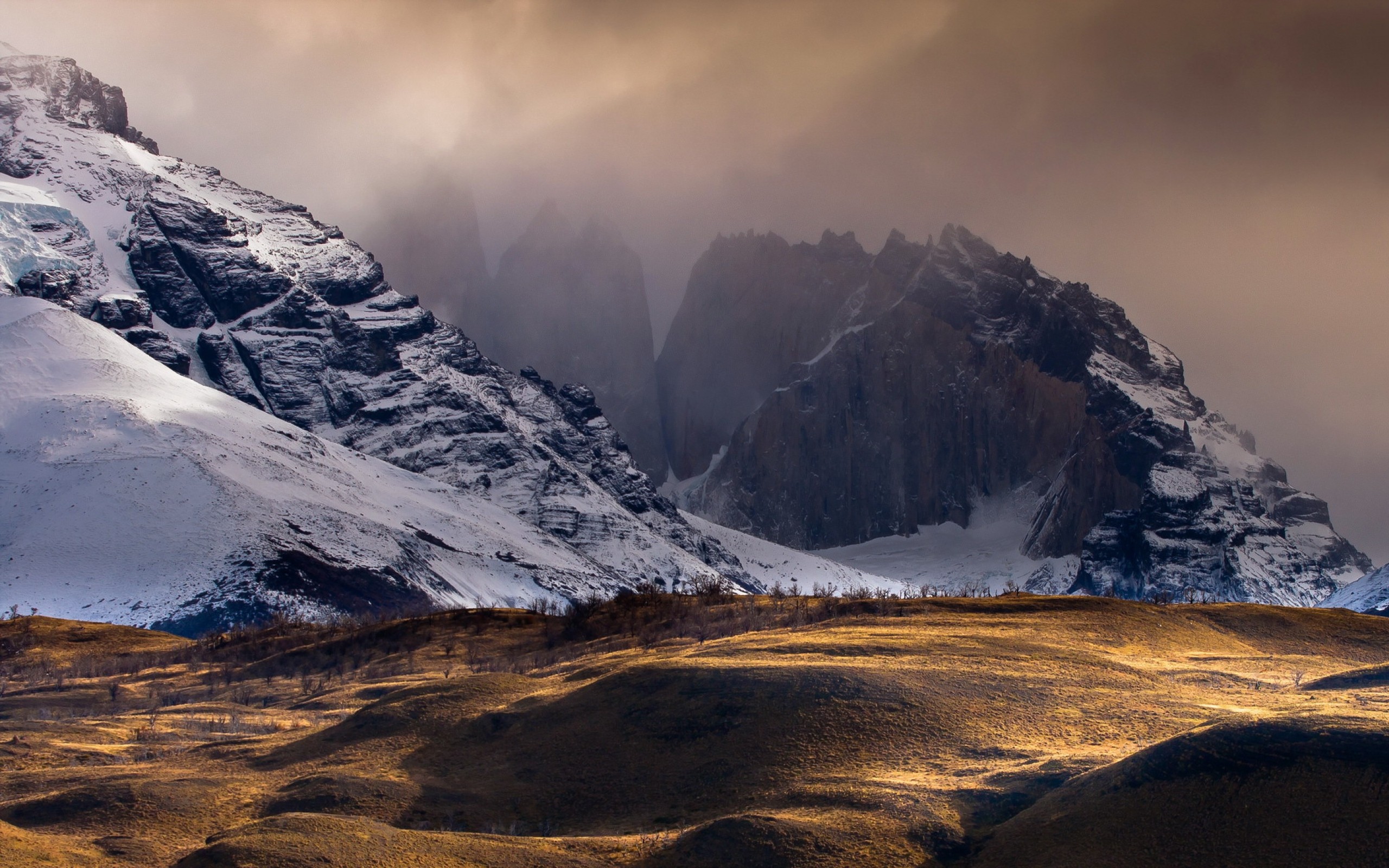 General 2560x1600 nature landscape mountains Chile Andes  hills winter snow mist sunlight trees rocks