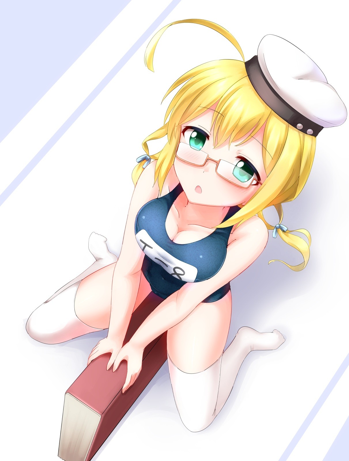 Anime 1211x1600 anime anime girls Kantai Collection I-8 (KanColle) cleavage long hair blonde green eyes glasses thigh-highs Pixiv boobs big boobs looking at viewer stockings white stockings sitting looking up high angle hat women with hats