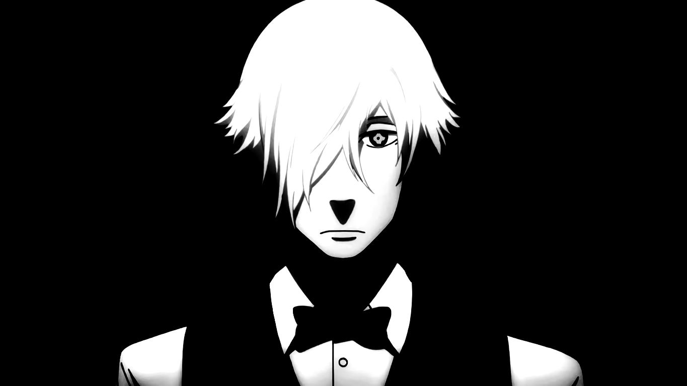 Anime 1365x768 Death Parade Decim white hair anime anime men minimalism hair in face looking at viewer simple background black background monochrome