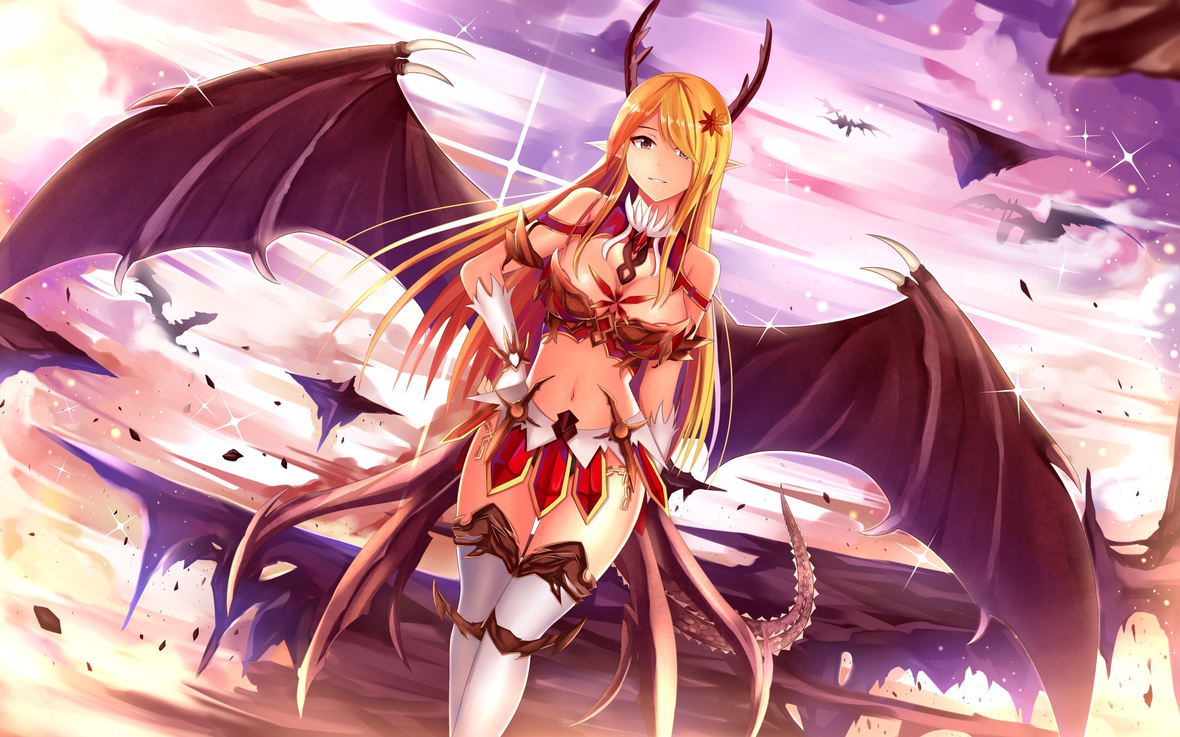 Anime 2400x1500 anime anime girls bikini top blonde cleavage demon elbow gloves flowers globes long hair belly button sky stockings wings elves dragon thigh-highs antlers