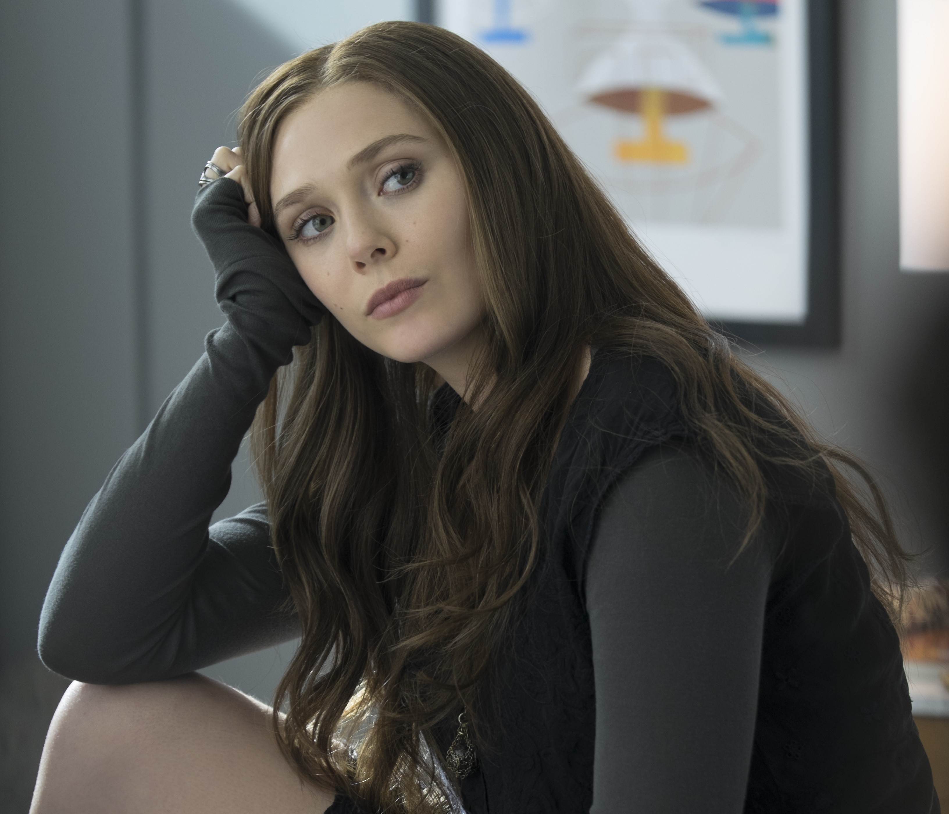 People 3264x2800 women actress brunette Elizabeth Olsen  hands on head Captain America: Civil War Scarlet Witch Marvel Cinematic Universe movies long hair looking away women indoors film stills lipstick American women arm support closed mouth thinking grey clothing