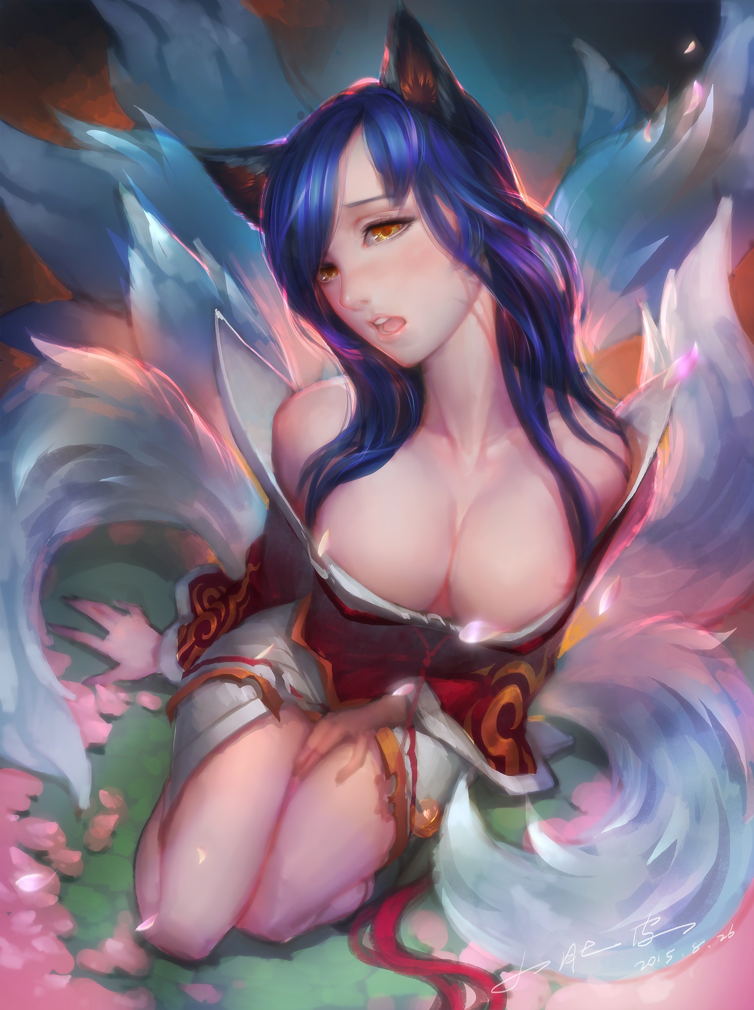 Anime 1500x2011 anime anime girls League of Legends Ahri (League of Legends) animal ears cleavage tail long hair orange eyes blue hair open shirt boobs big boobs video game girls fan art video game characters PC gaming women thighs together glowing eyes fantasy art fantasy girl Pixiv