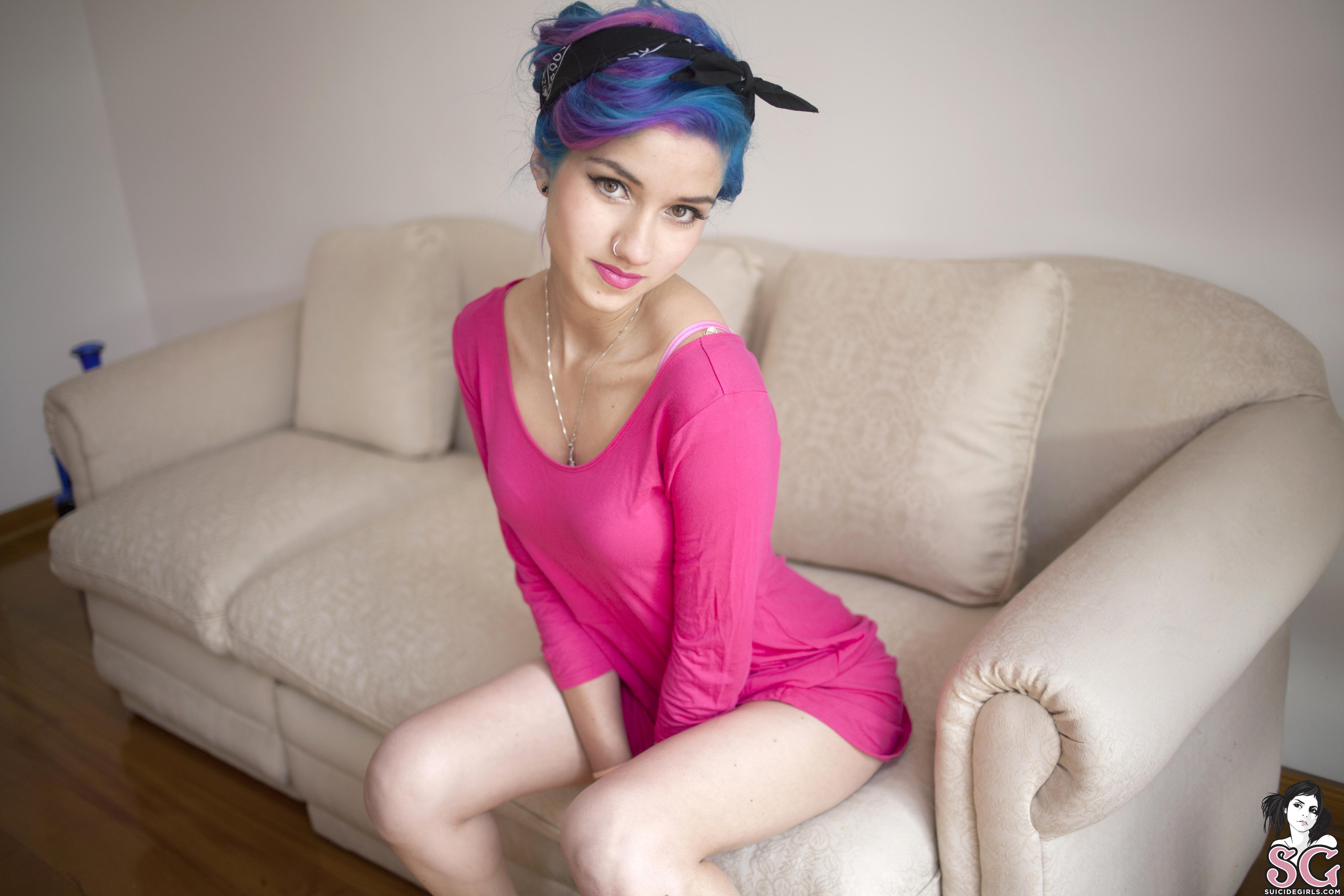 People 5616x3744 Fay Suicide Suicide Girls nose ring pierced nose Latinas Chilean Chilean women women women indoors indoors sitting multi-colored hair white couch pink lipstick model looking at viewer makeup lipstick watermarked