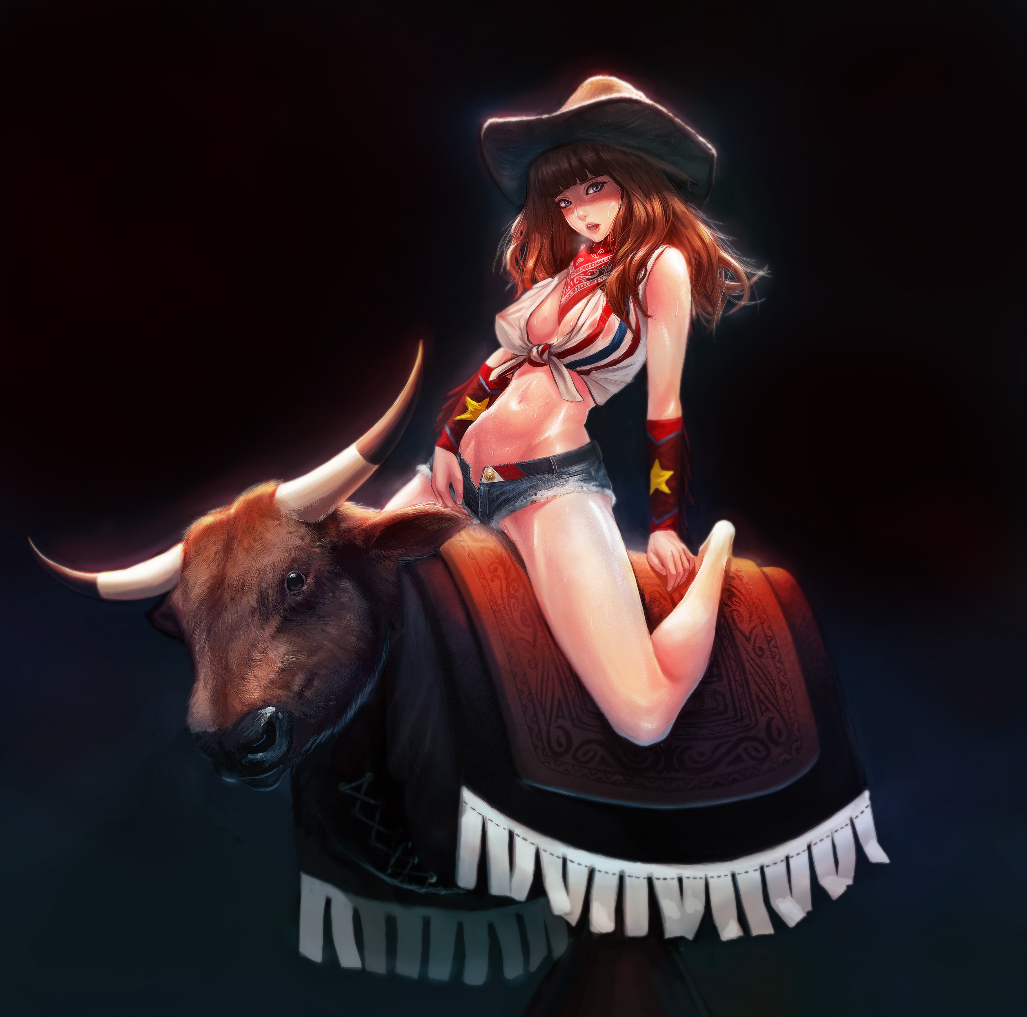 Anime 3543x3508 anime anime girls feet no bra legs long hair cowgirl bull Jungon Pixiv hat women with hats boobs belly unbuttoned thighs dark background