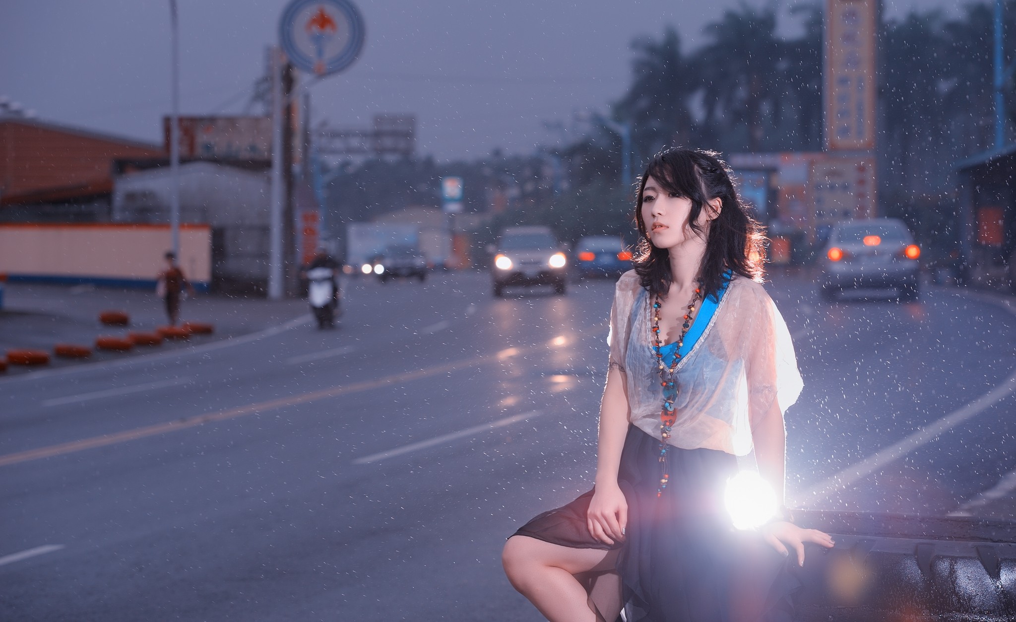People 2048x1253 brunette black hair women Asian see-through blouse urban model women outdoors road car traffic Asia
