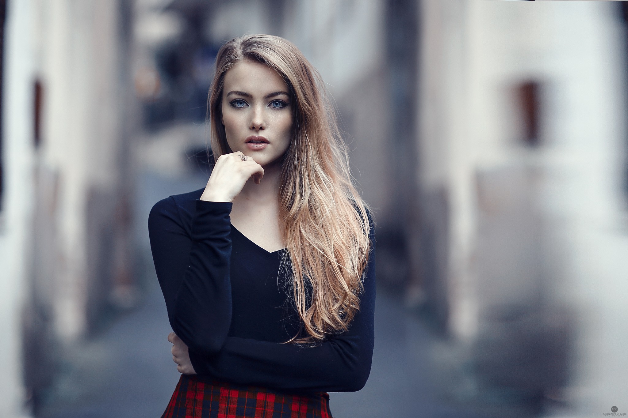 People 2048x1365 blonde women model portrait looking at viewer eyeliner black top pink lipstick Alessandro Di Cicco April Slough hand on face women outdoors urban long hair parted lips makeup face black clothing plaid clothing rings dyed hair