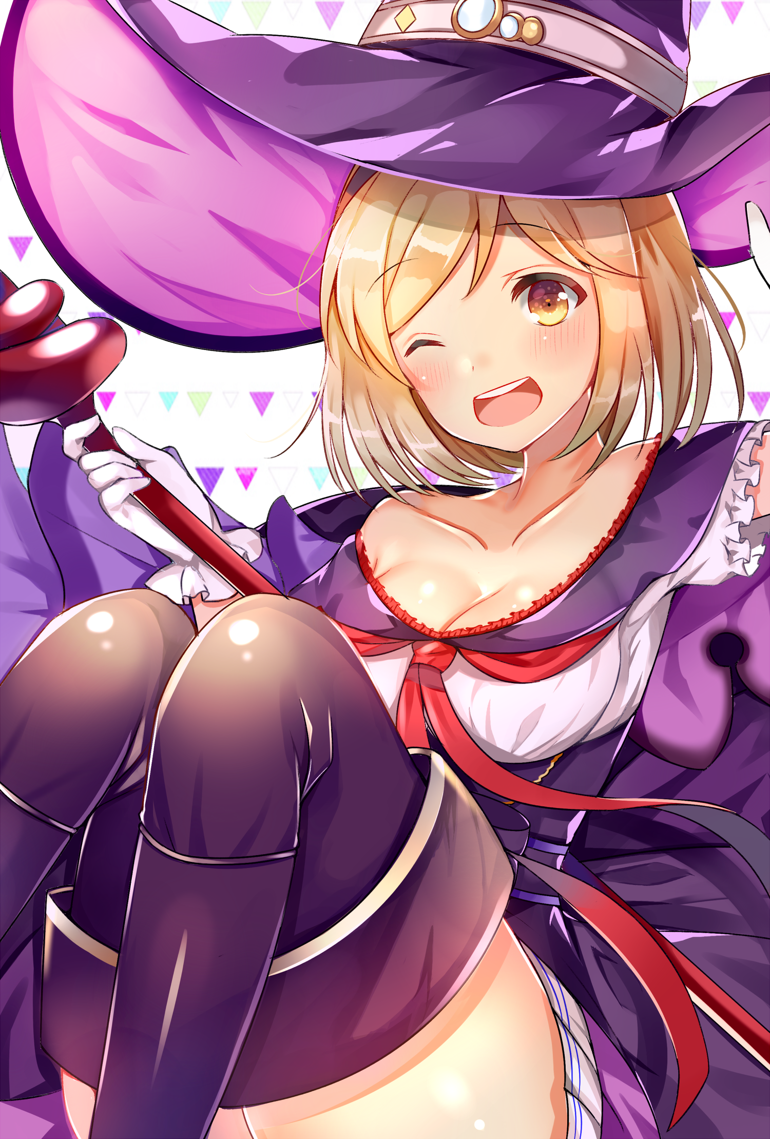 Anime 1500x2219 anime anime girls blonde orange eyes hat open shirt Granblue Fantasy Pixiv knees witch hat one eye closed fantasy art fantasy girl yellow eyes shoulder length hair women with hats open mouth
