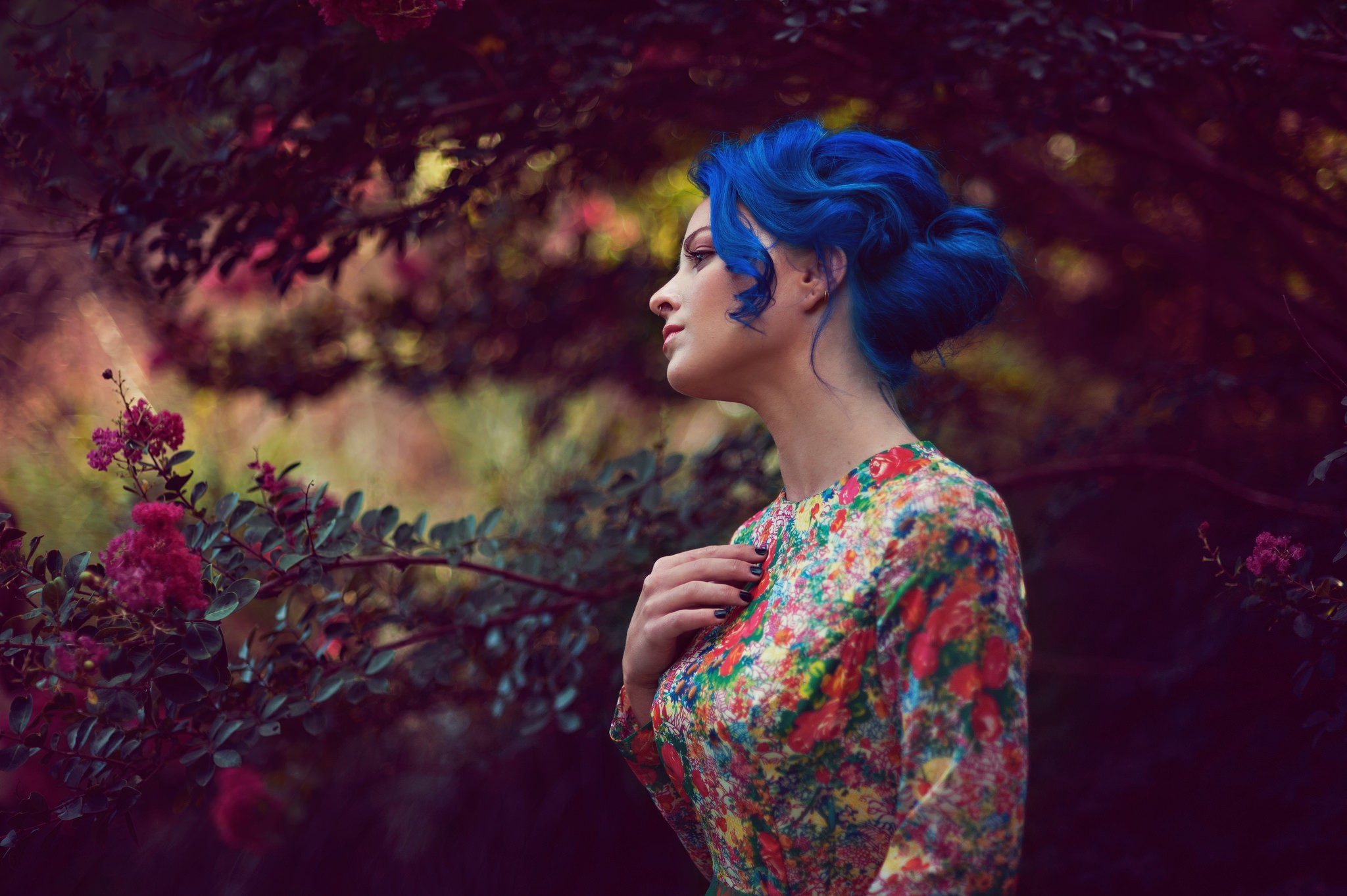 People 2048x1363 women model looking away portrait women outdoors blue hair leaves trees flowers dress plants dyed hair face profile flower dress black nails painted nails