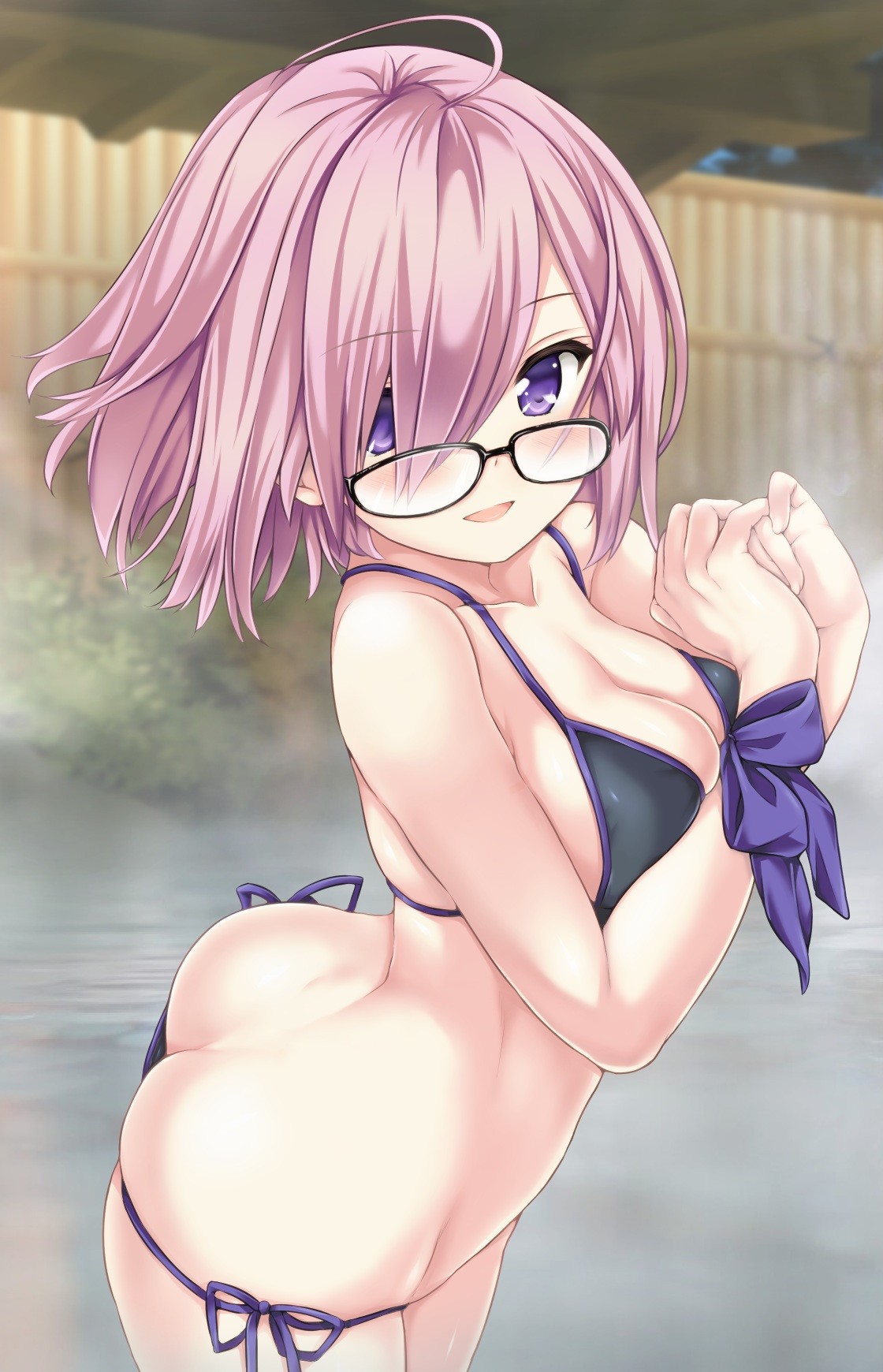 Anime 1120x1740 ass bikini Fate/Grand Order glasses pink hair purple eyes Mash Kyrielight Fate series anime girls short hair string bikini cleavage
