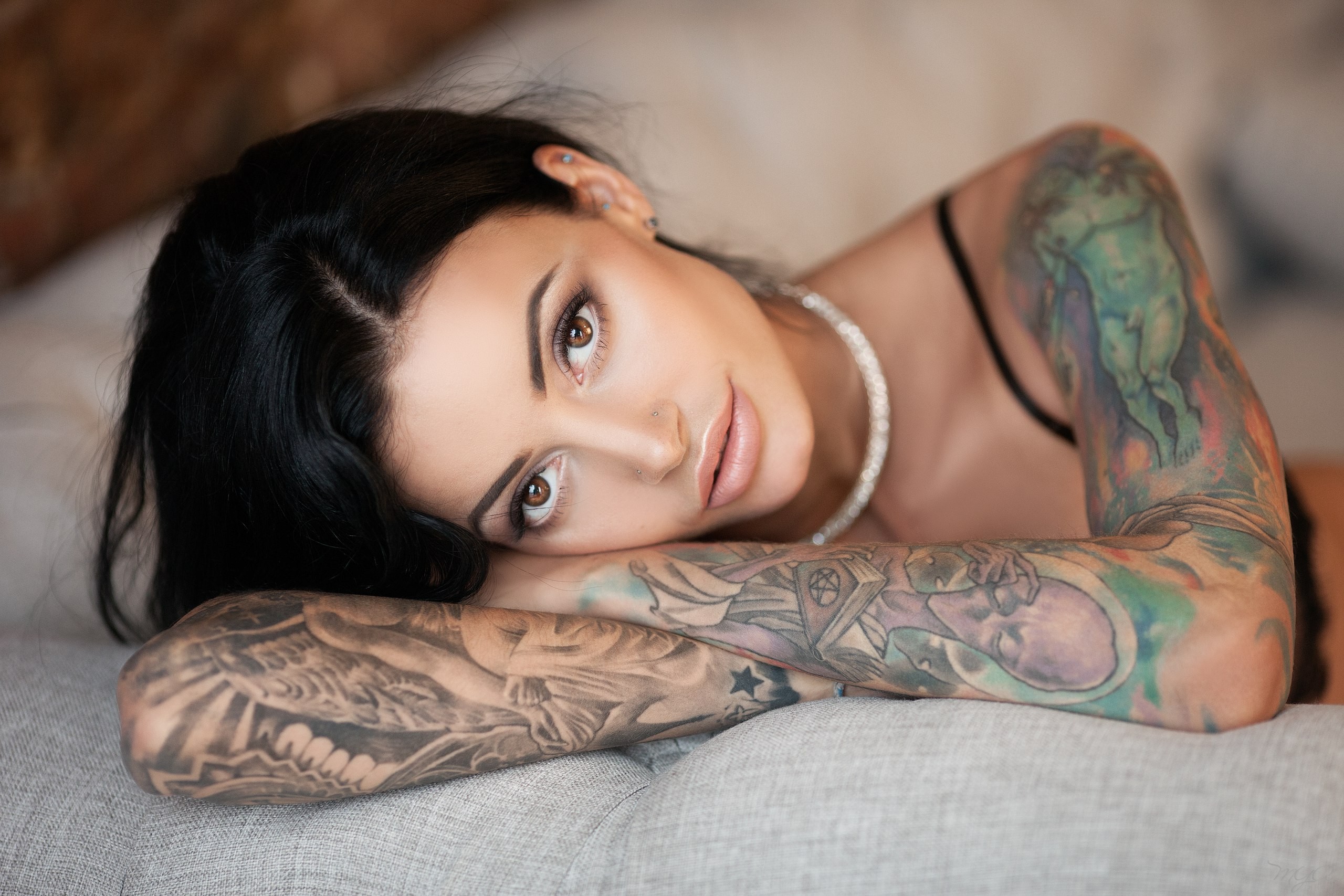 People 2560x1707 Anna Sajarova women face portrait tattoo black bras pierced nose depth of field black hair closeup
