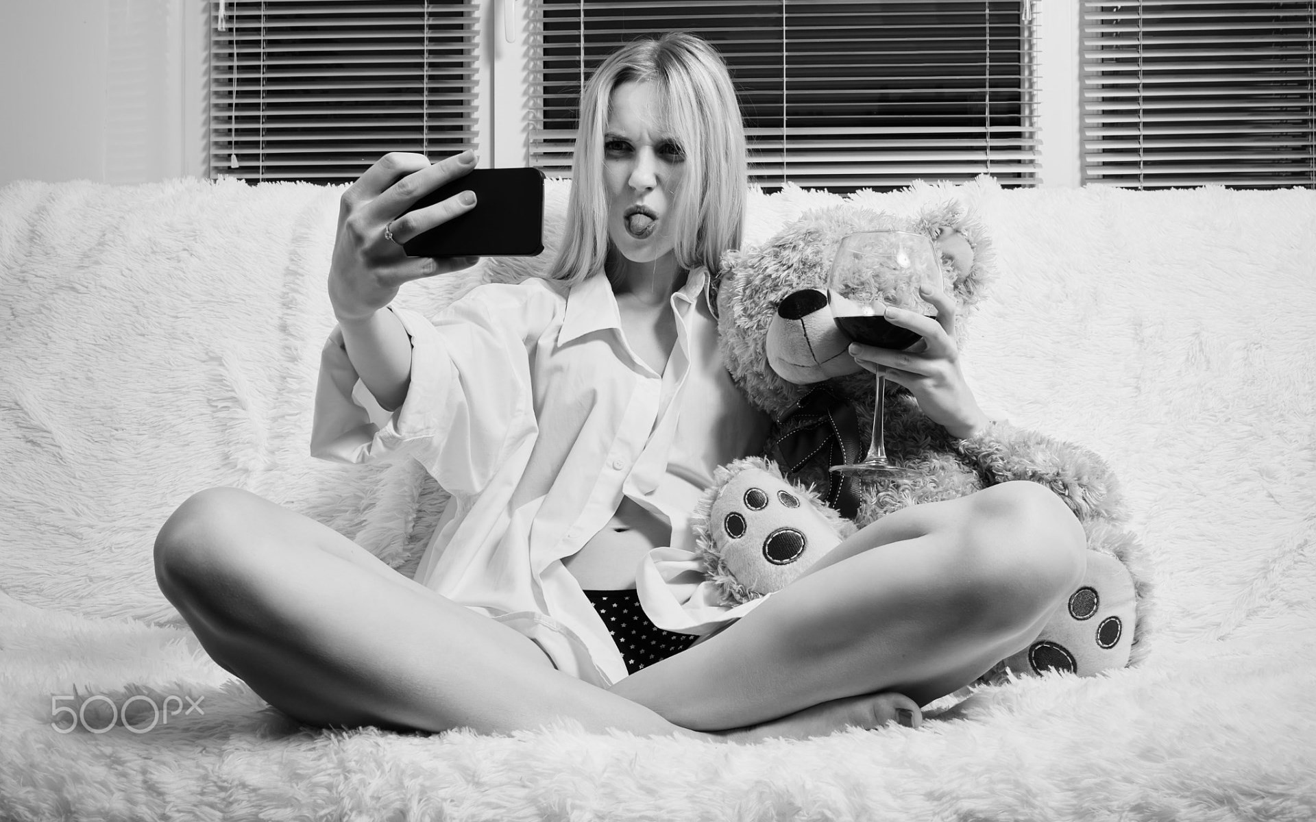 People 1920x1200 Alekcej Tugolukoff selfies monochrome teddy bears women model sitting panties 500px wine wine glass tongue out