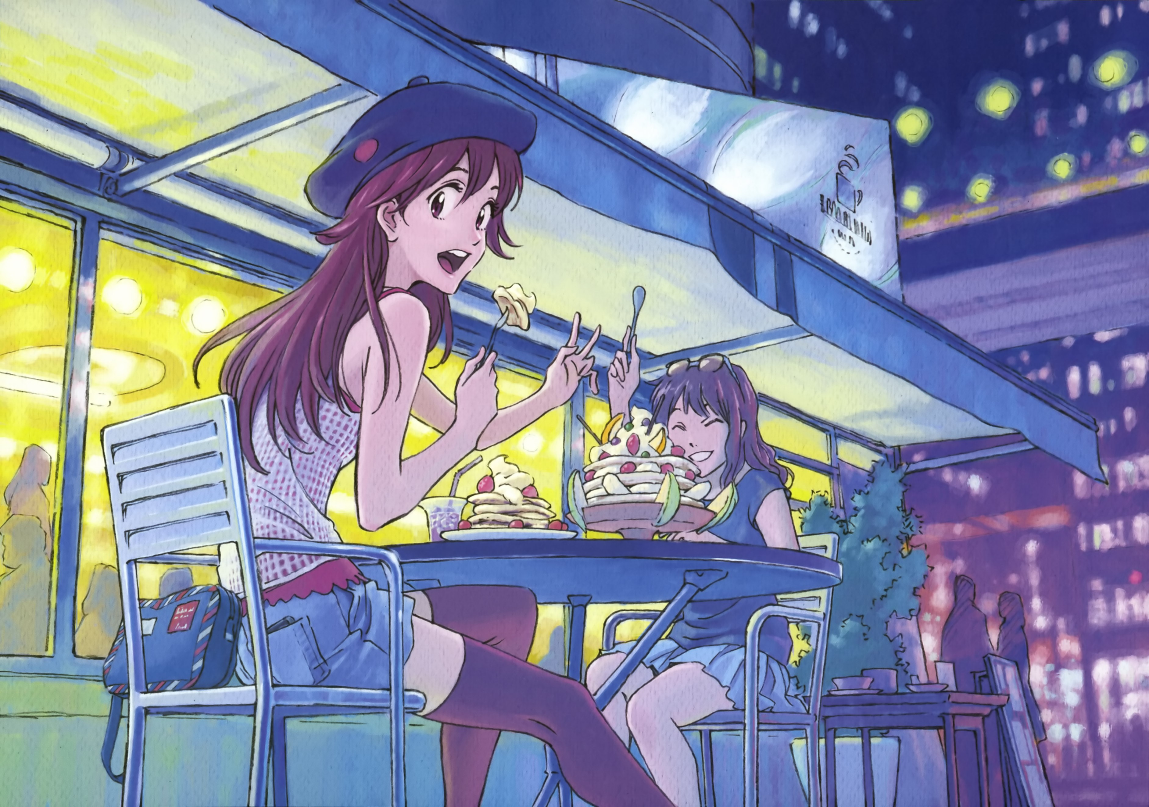 Anime 3768x2647 Neon Genesis Evangelion anime girls Asuka Langley Soryu anime girls eating anime food hat women with hats stockings open mouth two women long hair
