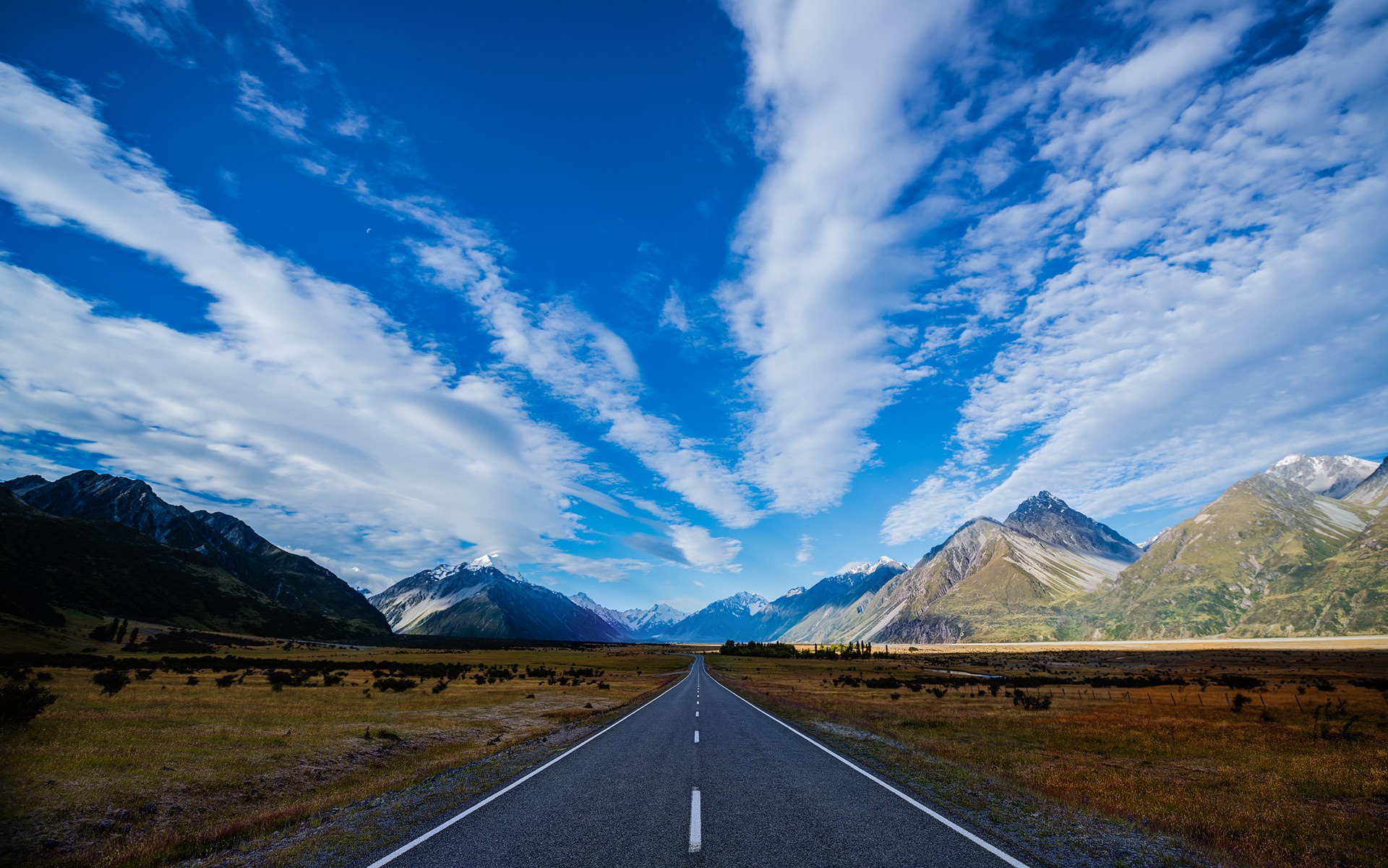 General 1920x1200 nature landscape mountains road clouds trees snowy peak hills grass field New Zealand