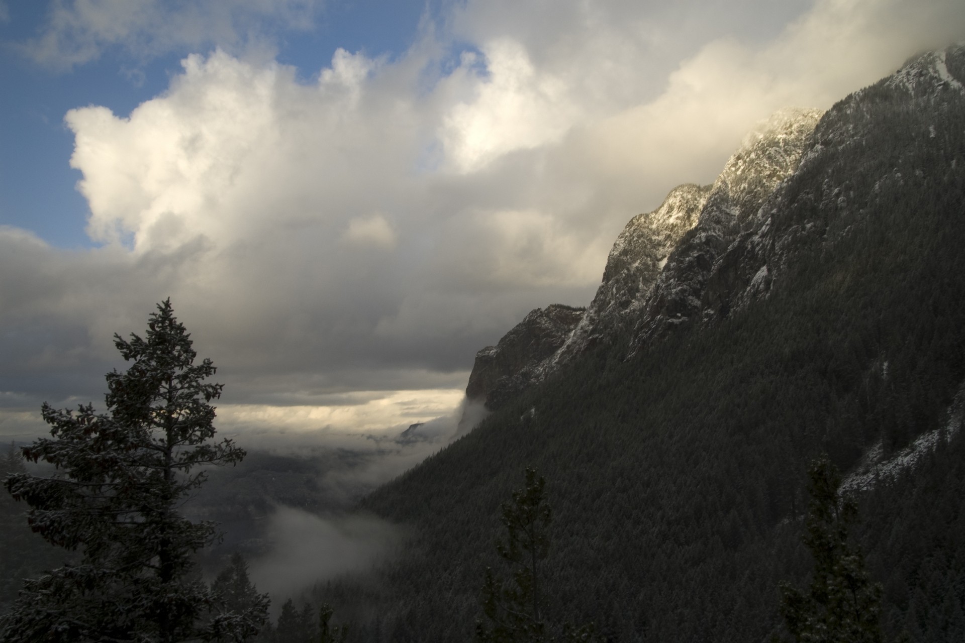 General 1920x1280 nature landscape mountains forest mist clouds snowy peak sunlight sunset valley