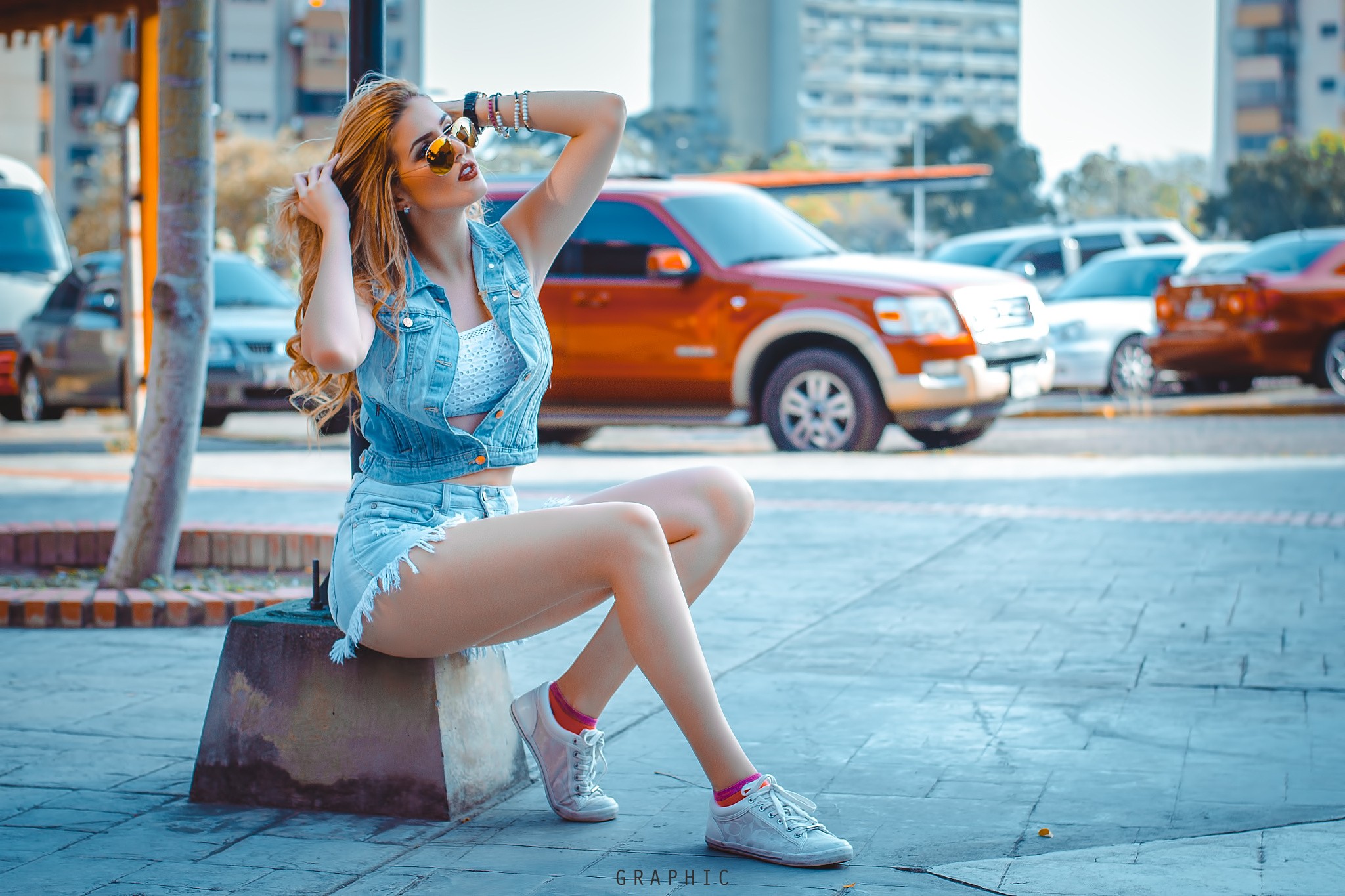 People 2048x1365 women blonde sunglasses sneakers armpits socks jean shorts denim sitting looking away hands in hair women outdoors urban thighs watermarked shoes women with shades car vehicle arms up bracelets city model