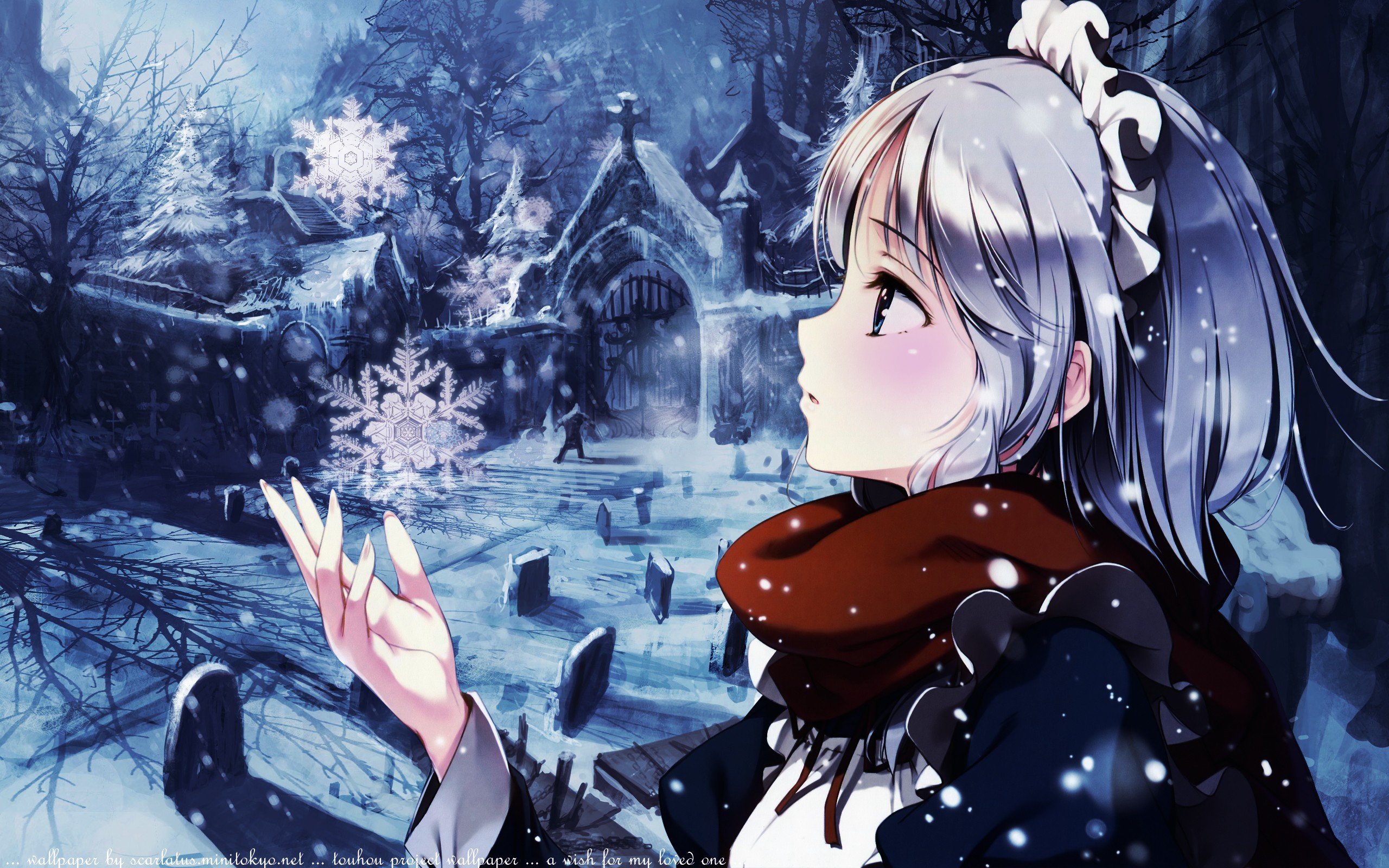 Anime 2560x1600 Touhou Izayoi Sakuya maid cemetery scarf snowflakes anime girls ke-ta anime winter cold face profile Pixiv outdoors women outdoors parted lips long hair snow snowing
