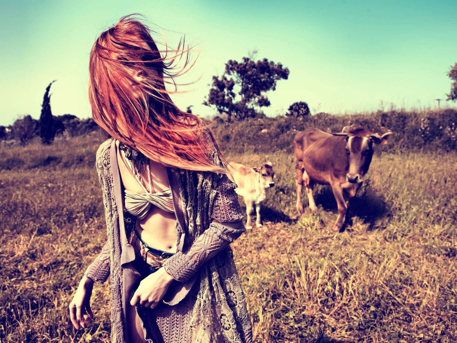 People 1600x1200 women redhead cow animals baby animals mammals women outdoors long hair bra hair in face window model