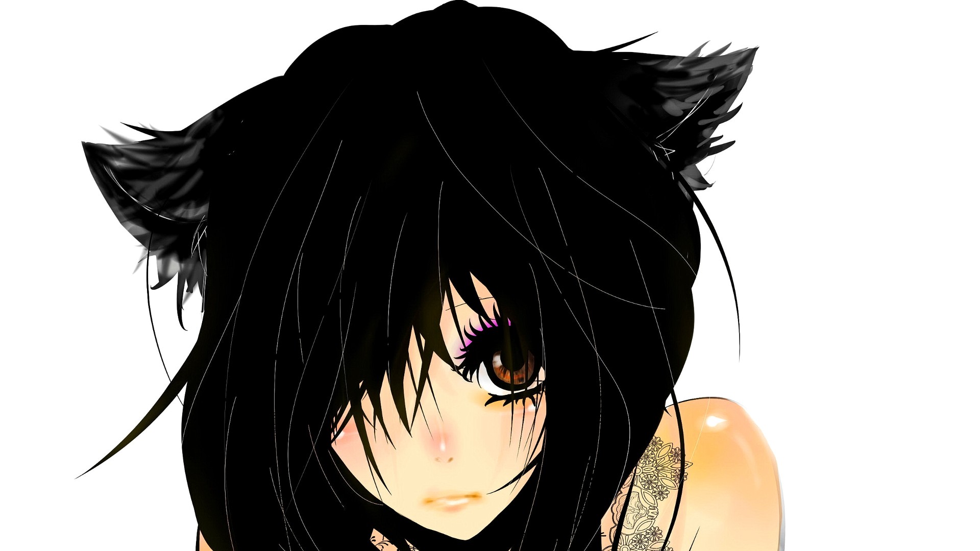 Anime 1920x1080 anime anime girls cat girl original characters animal ears cat ears brown eyes sadness long hair black hair white background hair in face simple background looking at viewer women face closeup